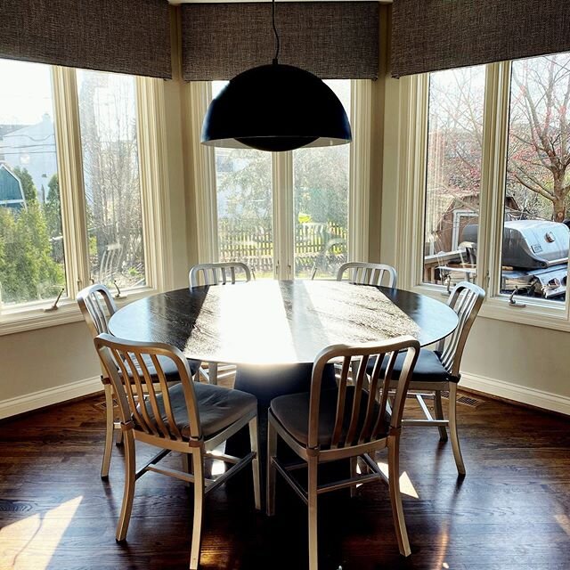 As with everyone&rsquo;s home, mine is currently doing double duty. This simple black oak pedestal table in our kitchen with the (ever-so-practical for a family with three boys!) aluminum navy chairs has been a spot for the college boy to do his taxe