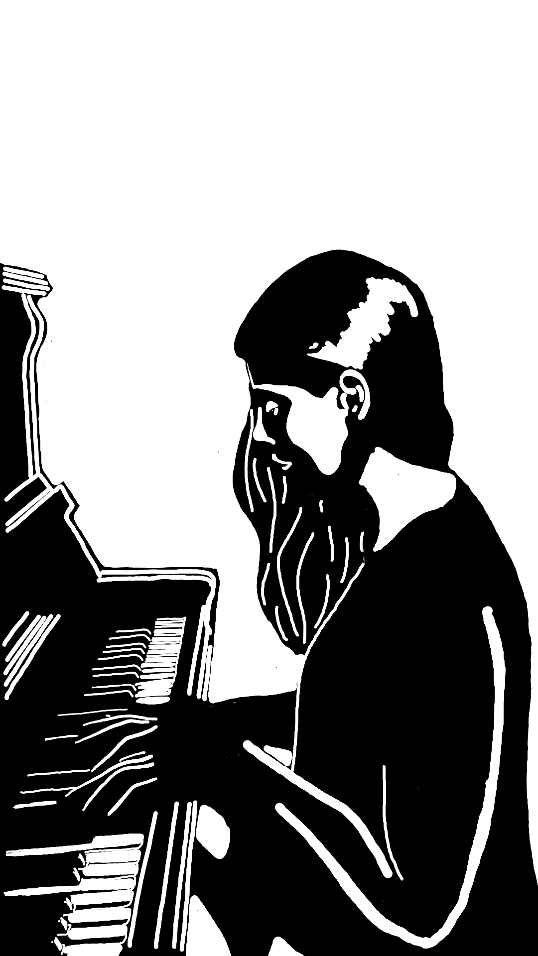 Beautiful woman playing piano her head completely still