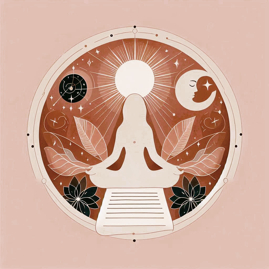 Abstract illustration of a person meditating in a seated pose, with celestial elements like the moon and stars, surrounded by leaves and cosmic symbols, on a pink background.