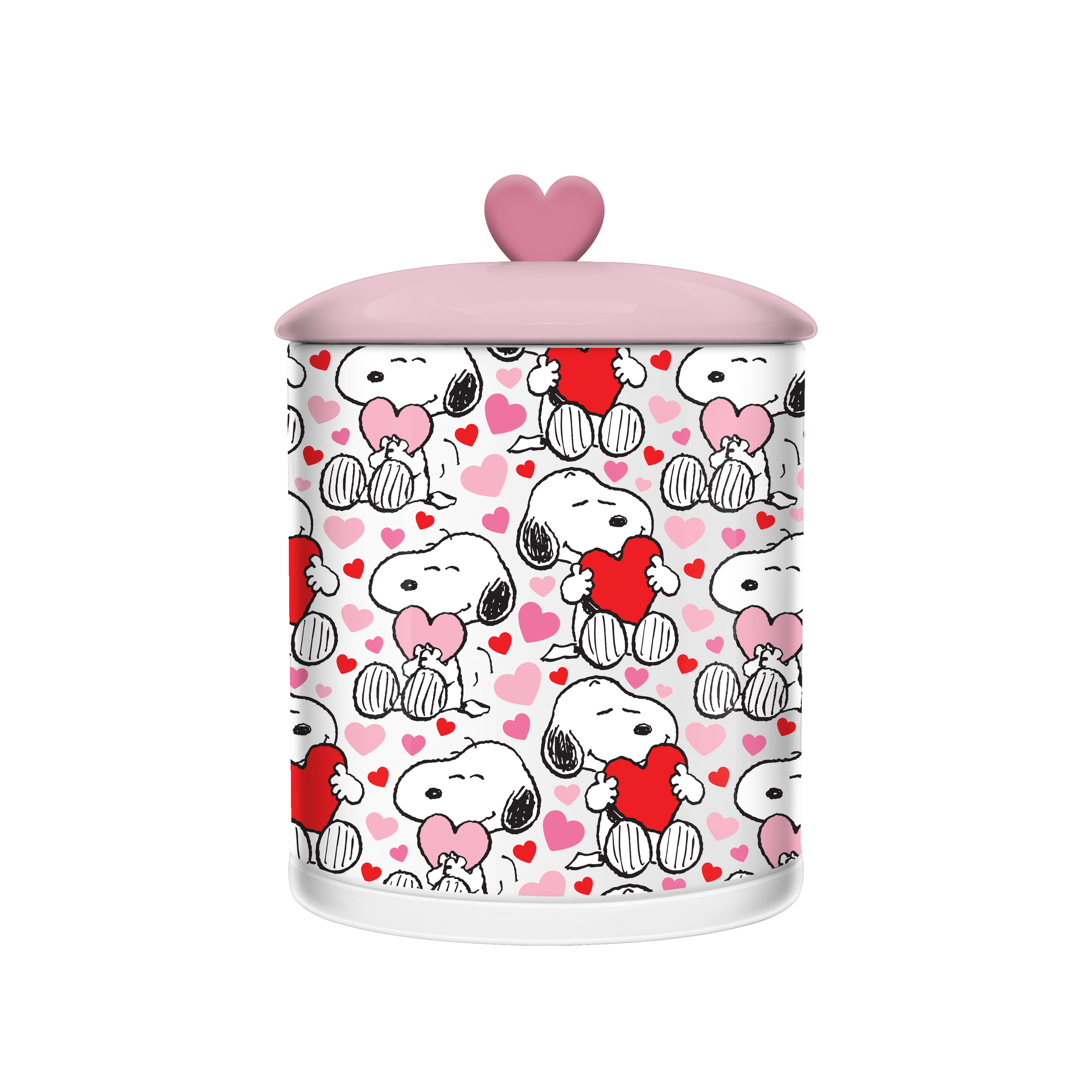 CERAMIC COOKIE JAR-CANISTER-8 IN-PEANUTS-SNOOPY VDAY HEART SQUEEZE PATTERN-AA121624988.png
