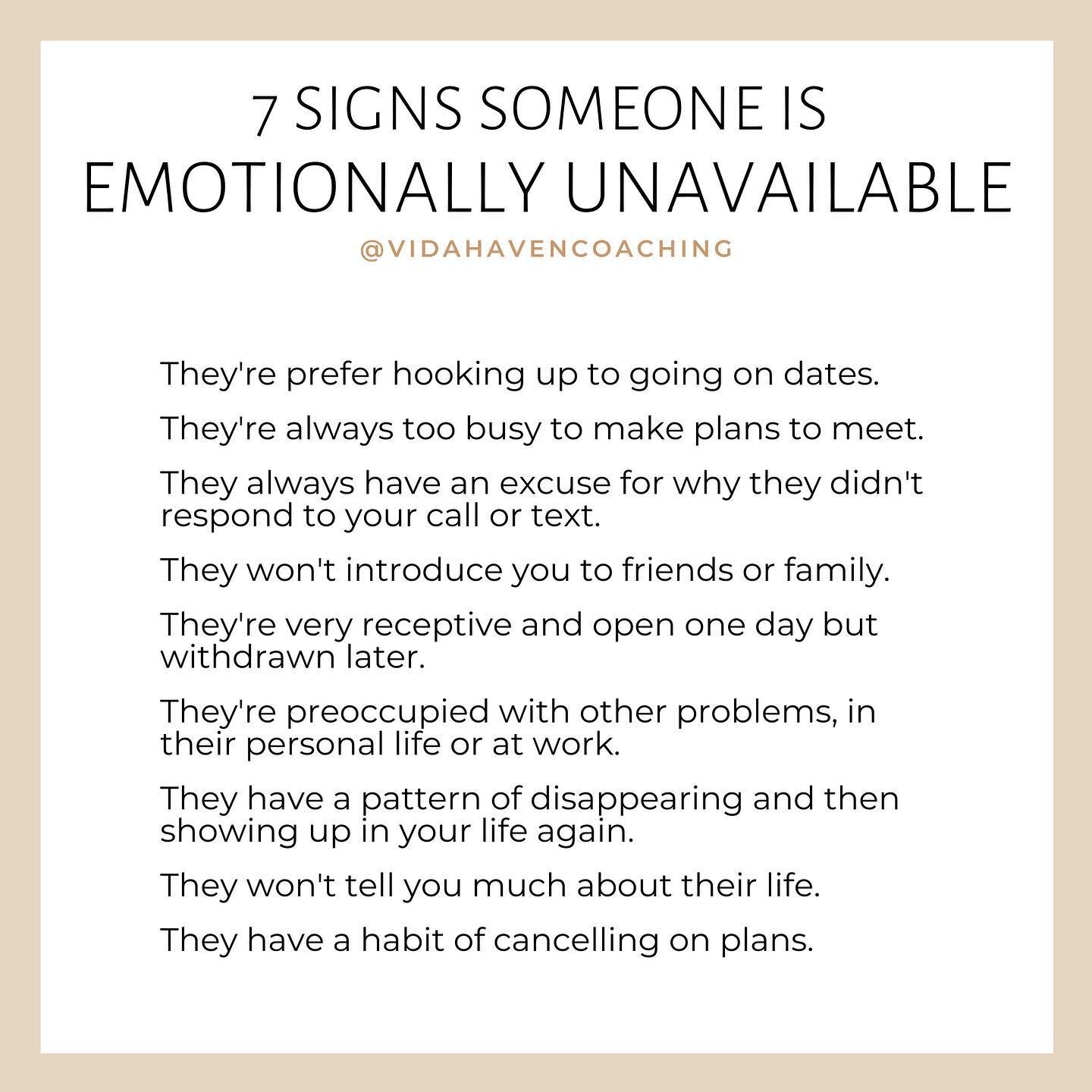 Emotionally unavailable people are usually not good at showing affection or receiving yours. But being emotionally unavailable is more than an inability to describe feelings. Though those are very good signs.
⠀
I prefer the term &quot;disconnected fr