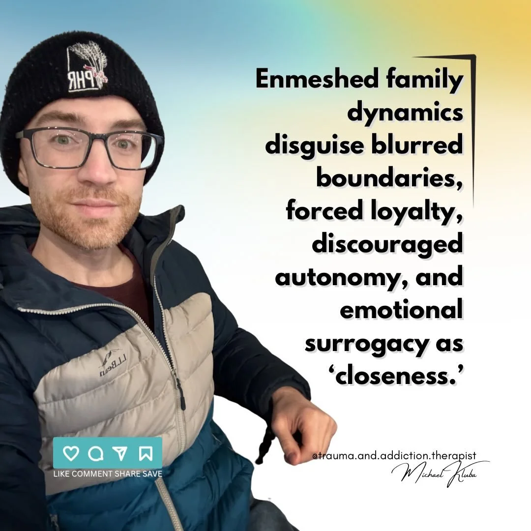 🌱Closeness should not be at the expense of your individuality. 

Image Description: Background is a blur of faint colours. Photo of Michael on left sitting in power chair with a Prairie Harm Reduction toque, glasses, and an L.L. Bean winter jacket. 