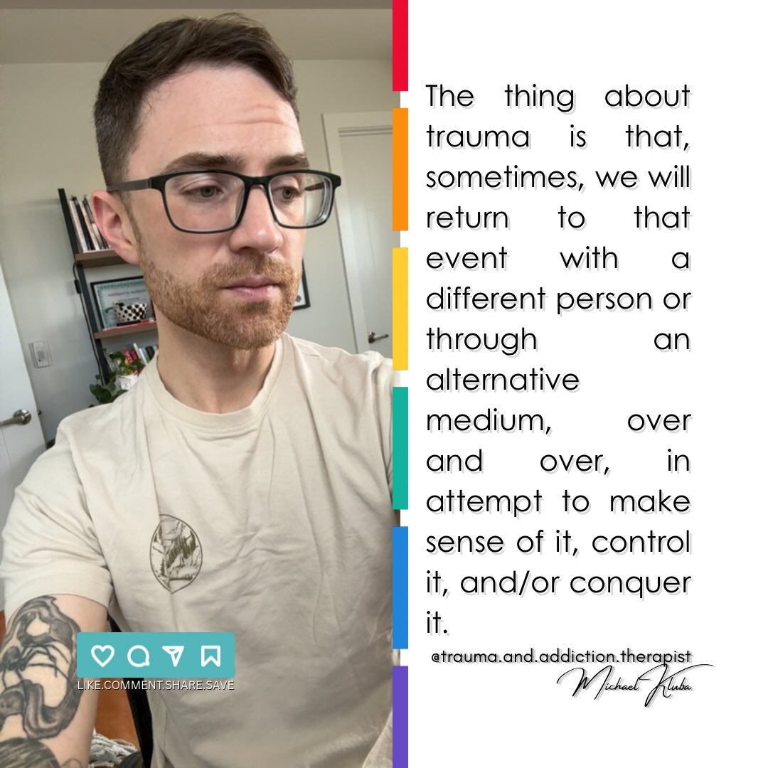 🌱&hellip;or until we stop to process it and heal.

ID: I am sitting with my head turned to the right, looking down. I am wearing glasses and a t-shirt. Sleeve tattoo showing slightly. Dashed, vertical, rainbow line to the right of my photo, and quot