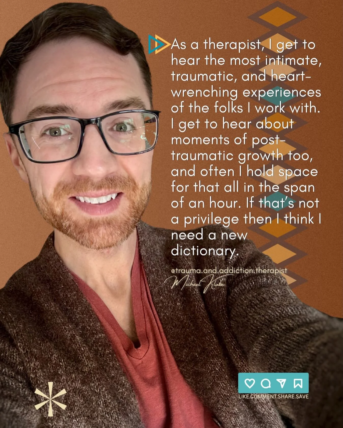 🔸The truth therapists often don&rsquo;t share - we learn so much from you too.

ID: I am smiling, wearing glasses, T-shirt, and cardigan.

#therapist #privilege #traumarecovery #emotions #mentalhealth