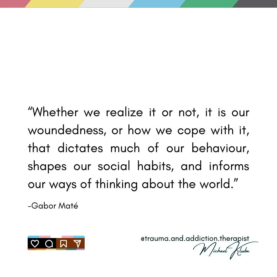 🔸Our wounds shape how we experience the world and how we move through it. 

➡️Quote by: @gabormatemd

ID: Disability pride colours along the top edge. Quote in centre. Like Comment Save Share graphics in the bottom left in 2SLGBTQ+ and BIPOC colours