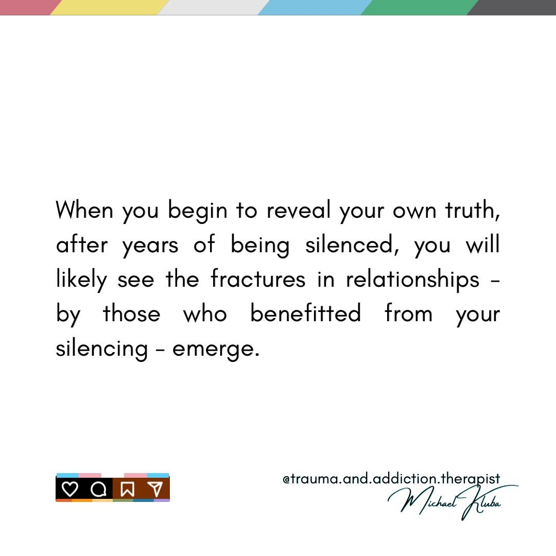 🌲The anticipation of this emergence is one of the most common barriers to telling one&rsquo;s own truth.

ID: Top edge is a horizontal line in the Disability Pride colours. The centre is the quote in a sans-serif font called Glacial Indifference. Bo