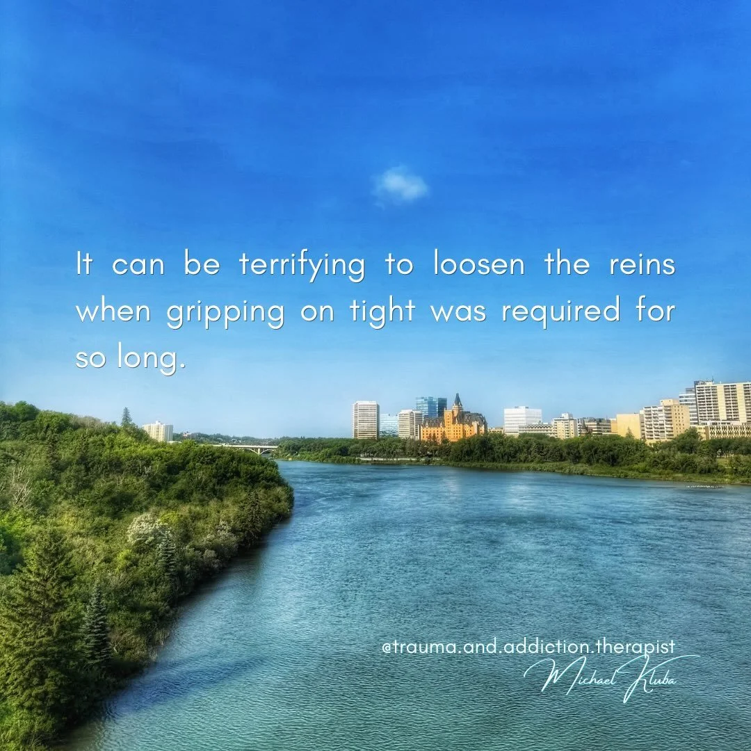 🪻Safety requires consistency. 

ID: Series of five. Background is riverbank covered in treats, a river, more green space, tall city buildings. Quote text and Instagram handle are in a sans serif font called Glacial Indifference. My name is in a scri