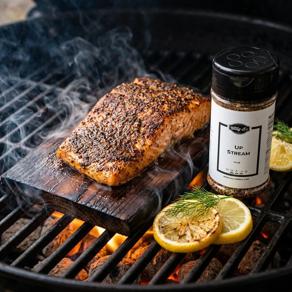 Most people don't think of the grill when they think of salmon. That's exactly why this works.

Cedar-plank salmon with Up Stream rub. It takes 20 minutes and it will make people think you spent all afternoon on it.

Here's the cook:

-> Soak a ce