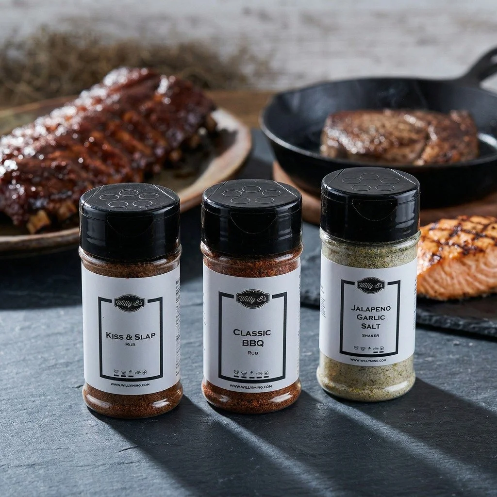Kiss &amp; Slap on ribs. Classic BBQ on a pork shoulder. Jalapeno Garlic Salt on a cast iron steak.

Three different cooks. Three different results. One cabinet that handles all of it.

Willy B's Detroit Barbecue. Small batch. Made in Michigan. Built