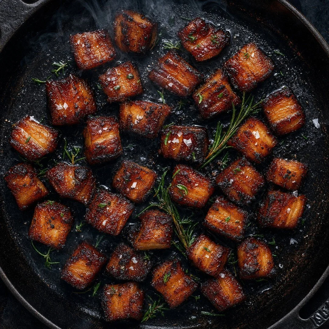 These will disappear before you finish setting the table. You have been warned.

Grilled pork belly bites with I'm Too Excited rub. Here is the full cook.

THE PREP
-> Skin-on pork belly, cut into 1.5 inch cubes
-> Pat completely dry &mdash; mo