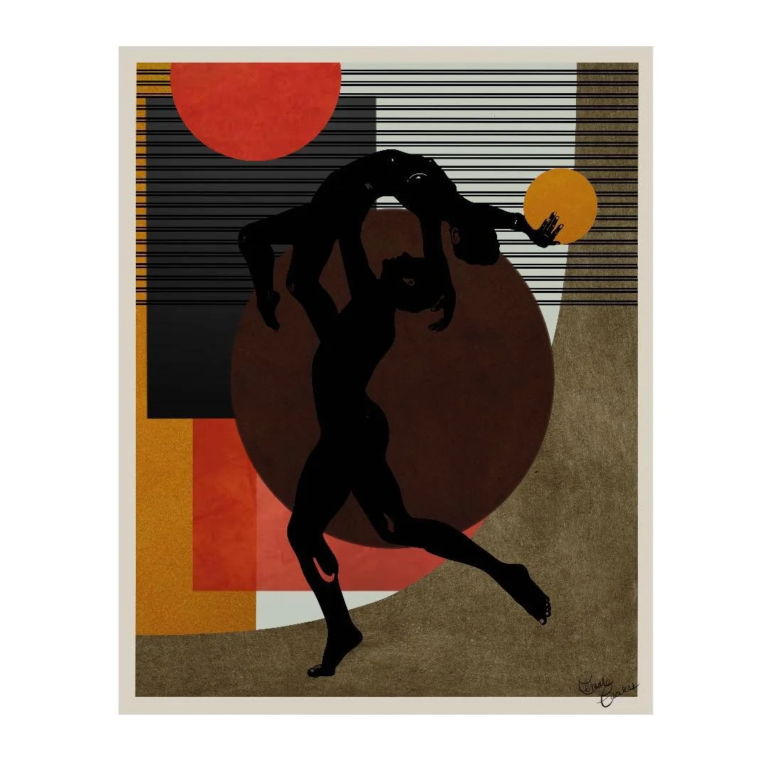 Abstract artwork depicting a black silhouette of a woman carrying a woman on her back, set against geometric shapes including circles and rectangles in shades of red, orange, black, and beige.