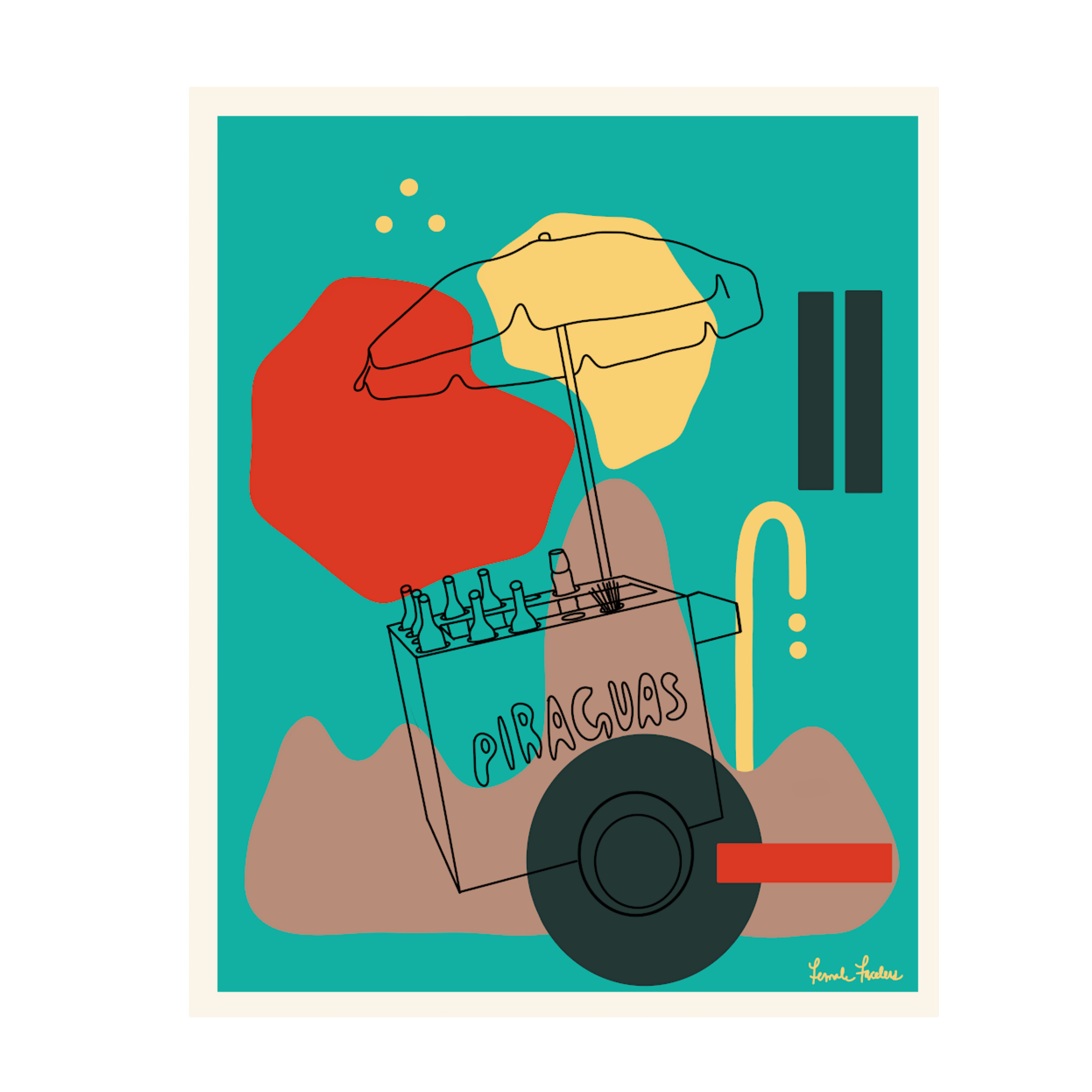 Abstract illustration of a calculator with the word 'Piraguas', colorful umbrellas, and mountains in a modern style.