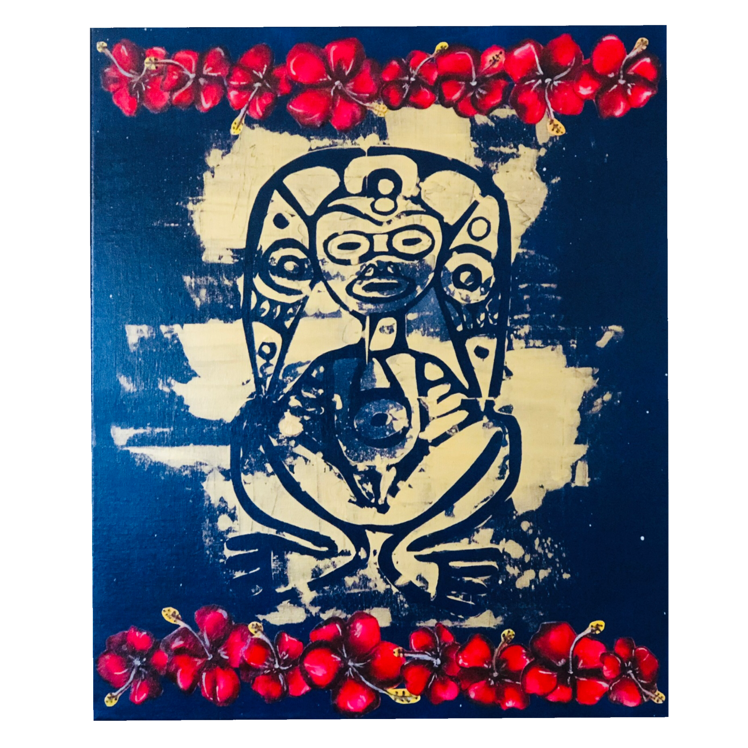 Street art mural of a stylized, abstract face with multiple eyes and exaggerated features, framed by a border of red hibiscus flowers at the top and bottom.