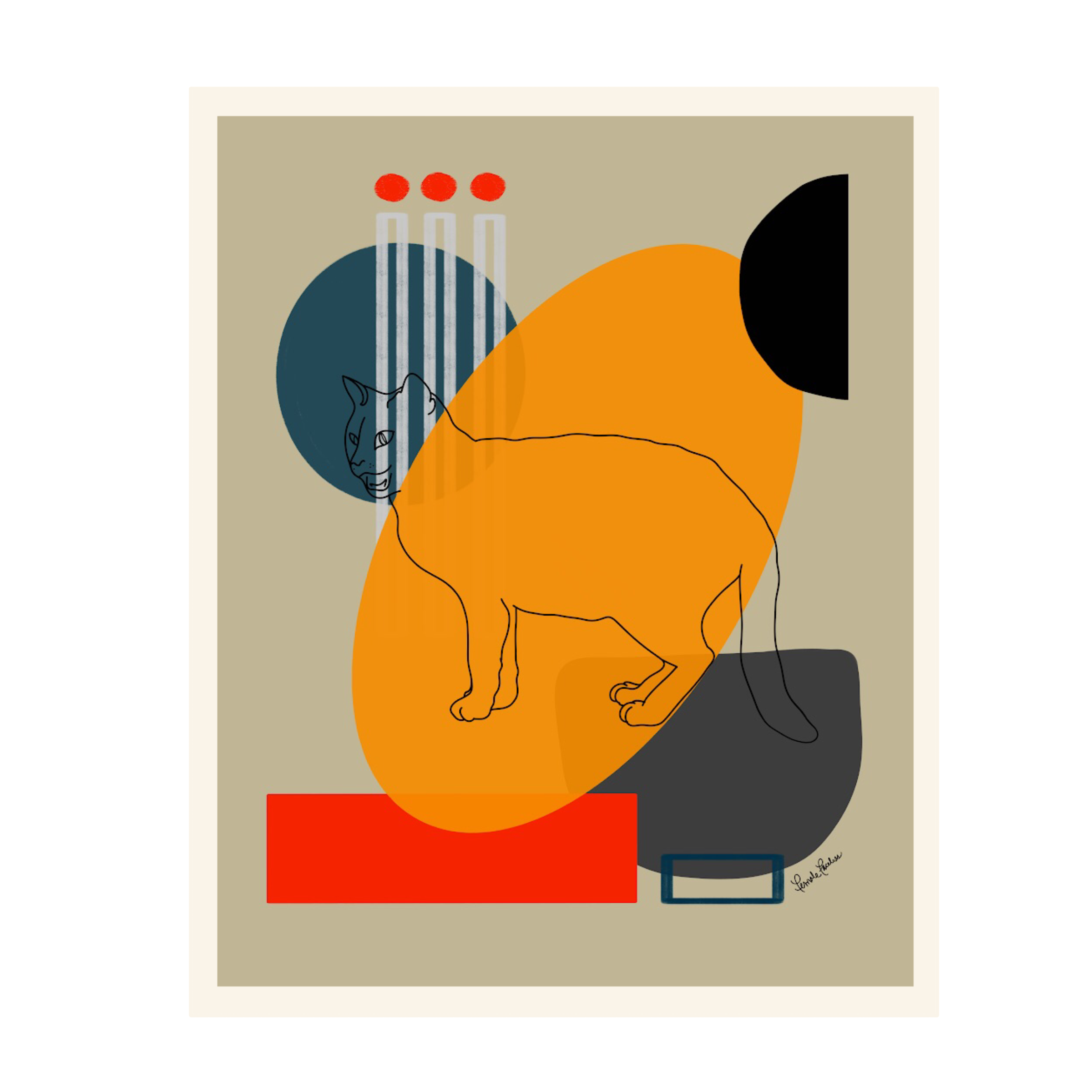 Abstract artwork featuring a line drawing of a sitting cat with geometric shapes and bold colors in the background.