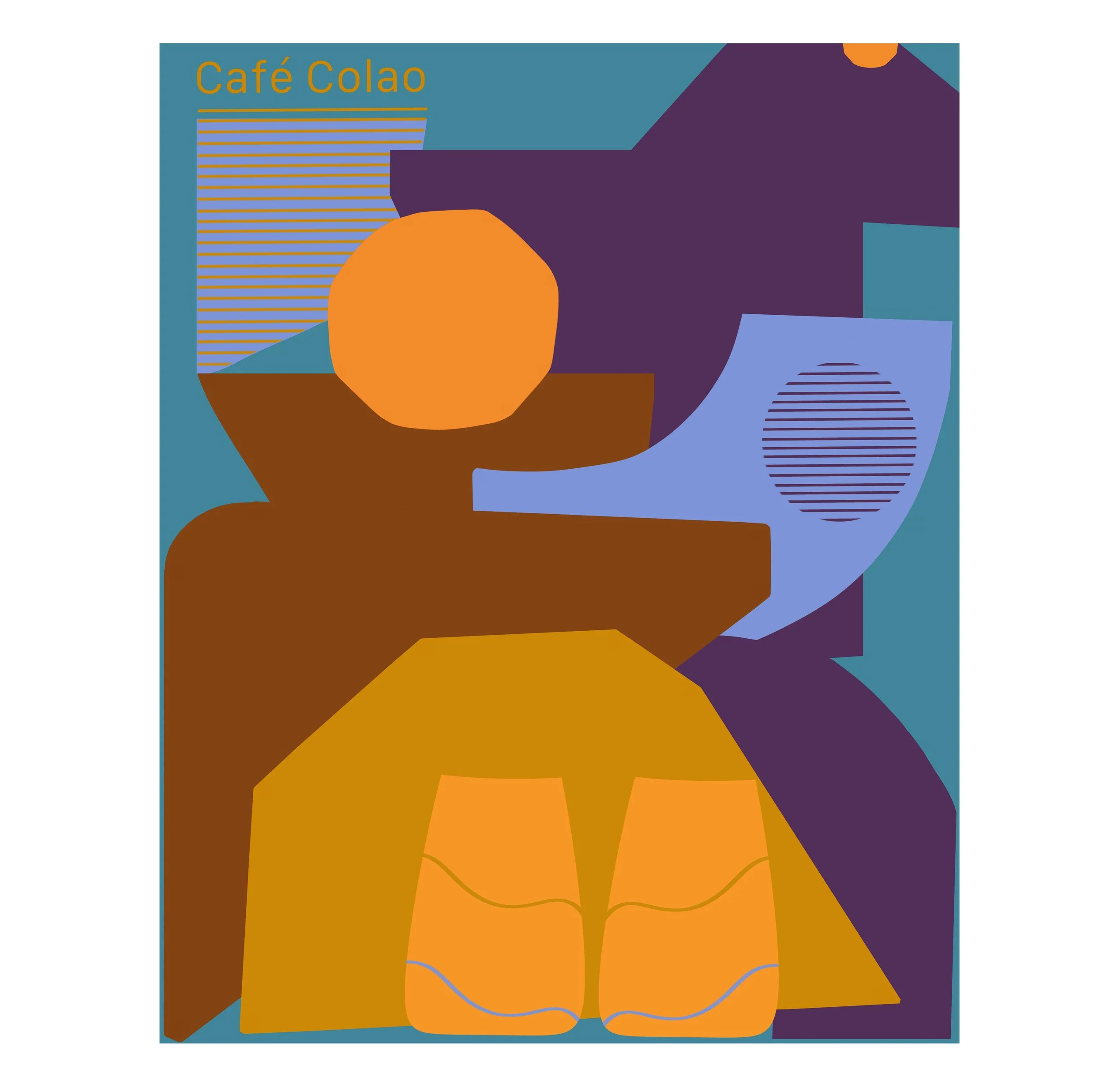 Abstract artwork with bold shapes and colors, featuring a blue speech bubble, a purple shape, and orange and brown forms, with the text 'Café Colao' in the top left corner.