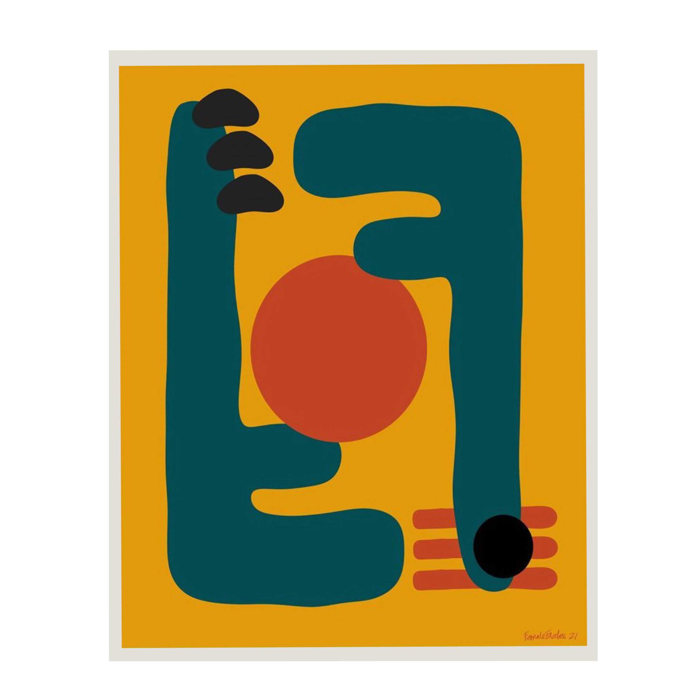 Abstract artwork featuring bold, stylized hands, a large red-orange circle, and horizontal lines on a mustard yellow background.