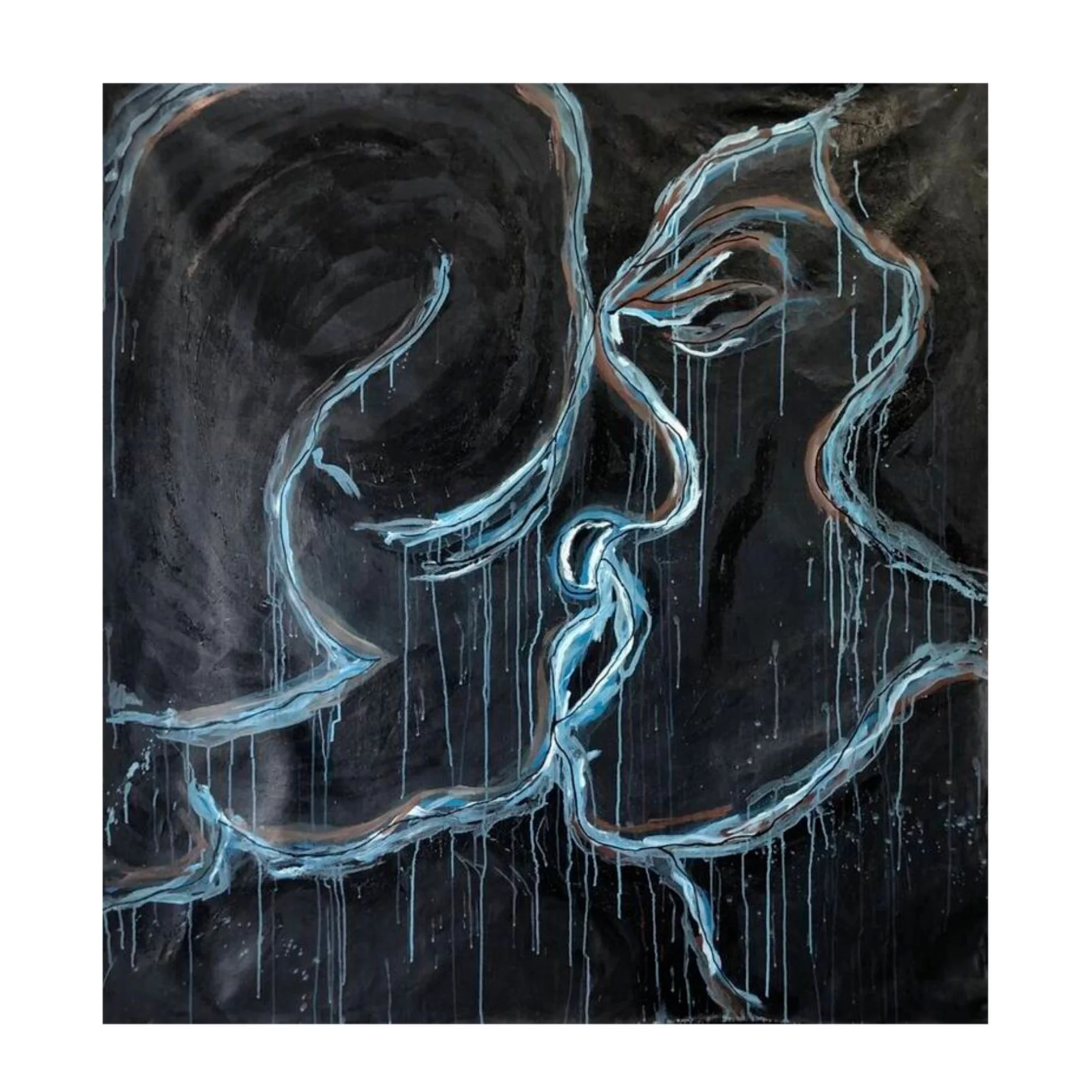 A painting of a face with lines forming a profile of a man and woman, with dripping paint effects on a dark background.