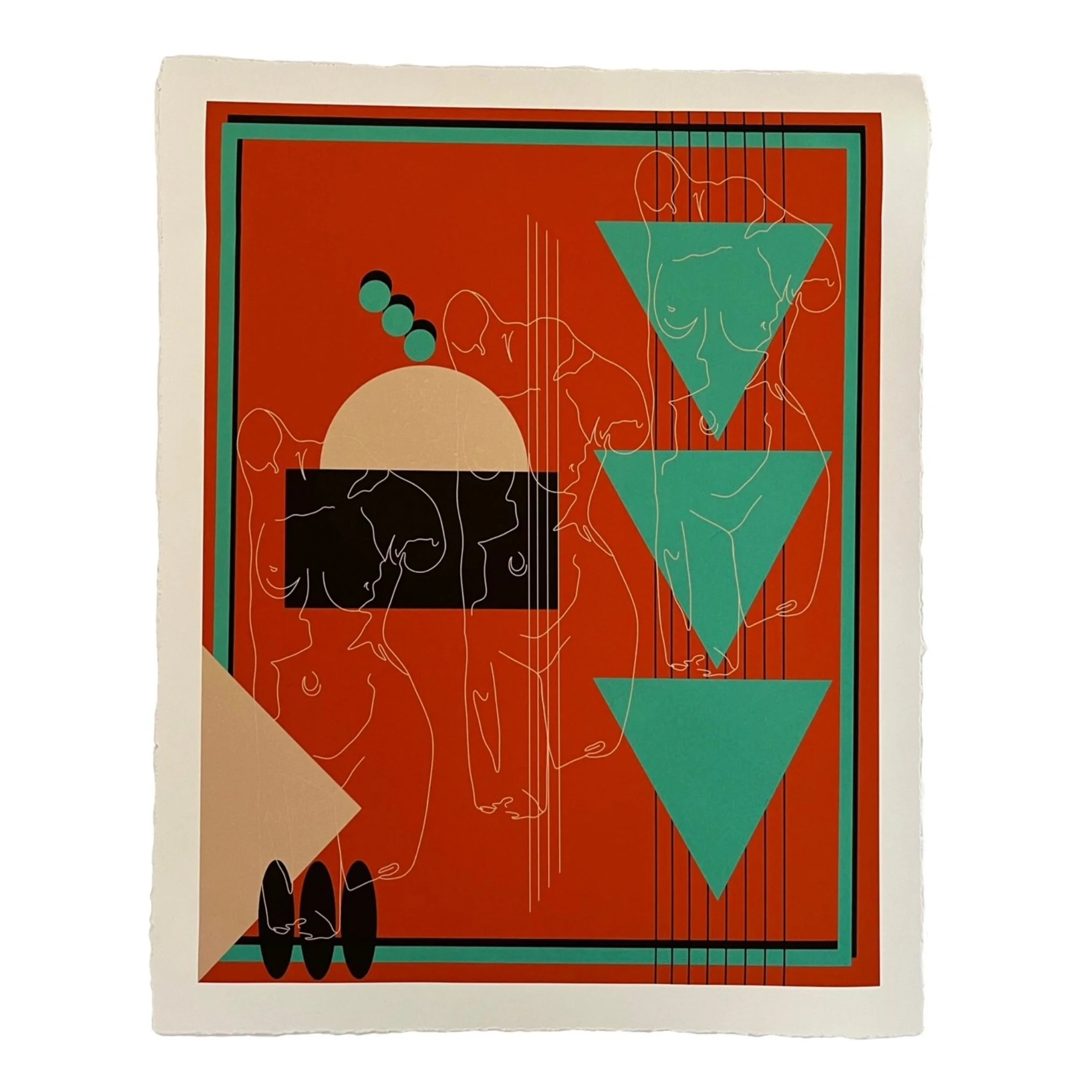 Abstract artwork featuring outlined nude female figures, teal triangles, a beige circle, and red, black, and teal geometric patterns.