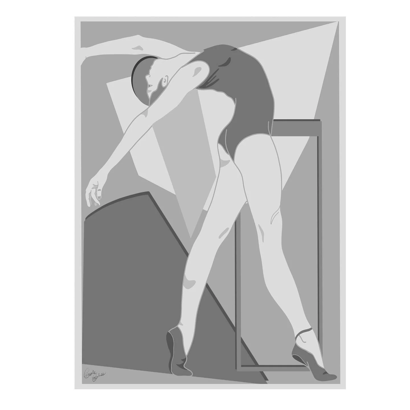 A grayscale illustration of a ballerina dancing with arms extended, standing on one leg with her head bowed, in front of abstract geometric shapes.