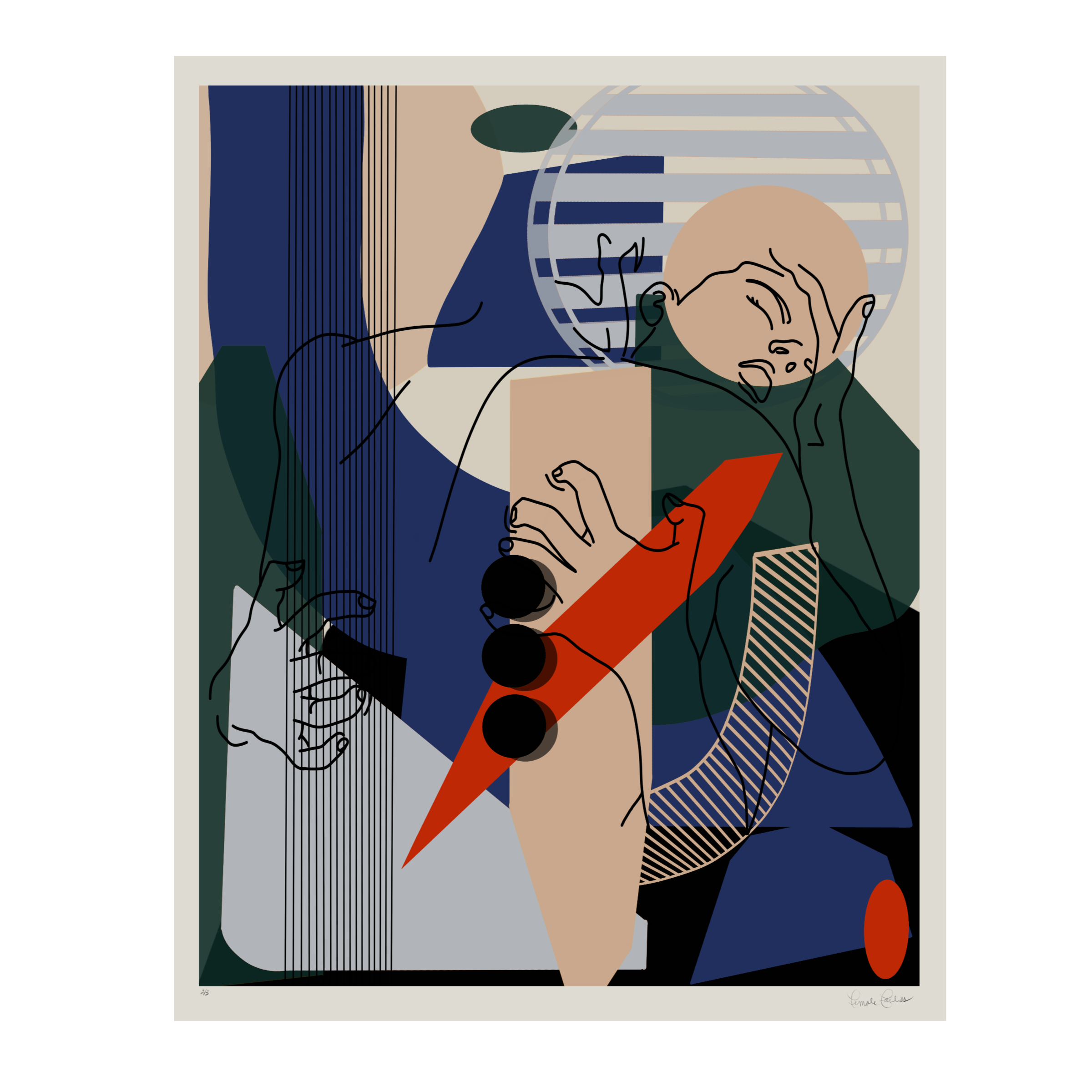 An abstract digital artwork of a person reading a phone surrounded by geometric shapes, lines, and bold colors including blue, green, beige, and black, with a prominent red lightning bolt.