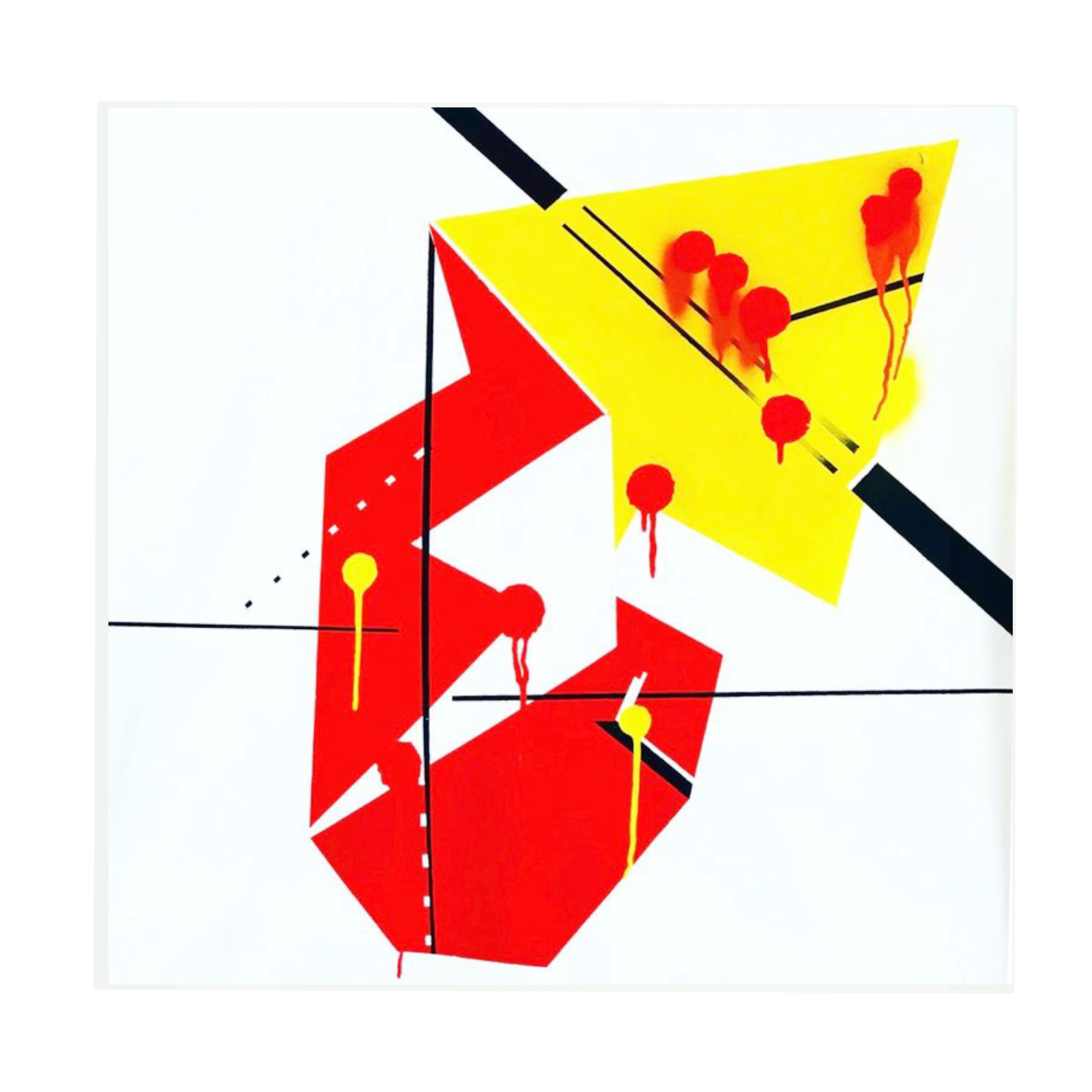 Abstract geometric artwork with red and yellow shapes, black lines, and red and yellow paint splatters on white background.