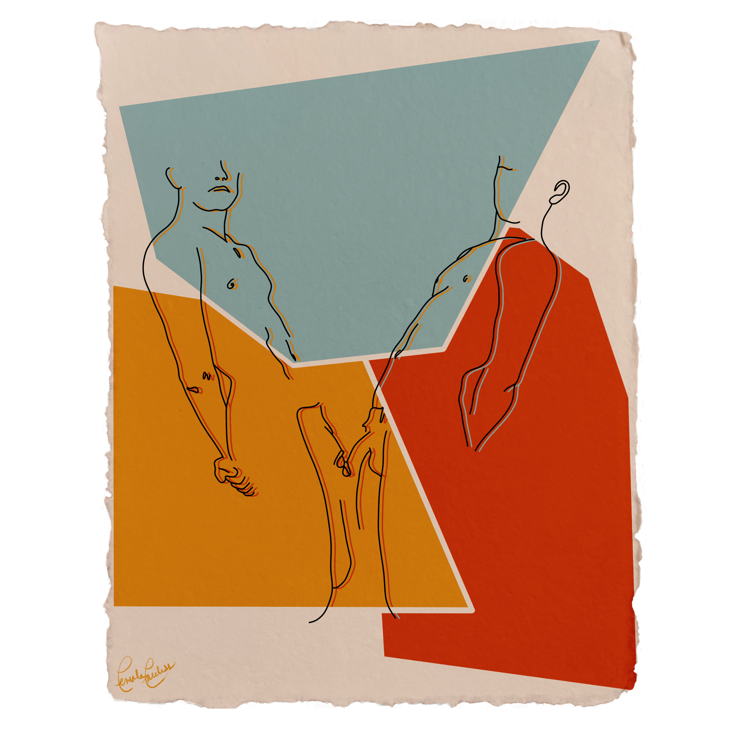 A minimalist digital drawing of a man and woman holding hands behind a geometric colored background with torn edges. The man is facing away while the woman faces forward with an indifferent expression.