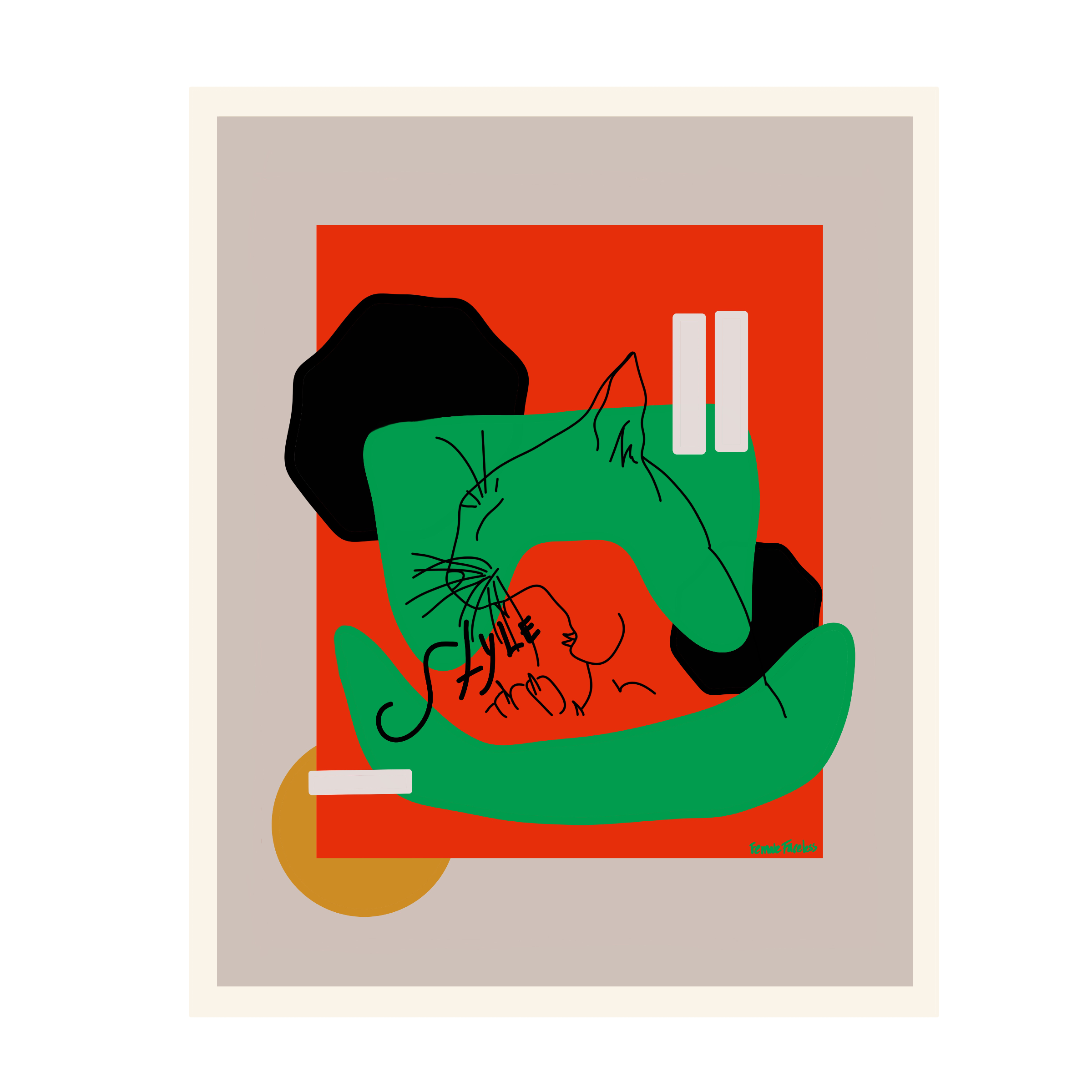 Abstract art featuring a green cat curled up on a red background with black and white accents, and a tan circle at the bottom left.