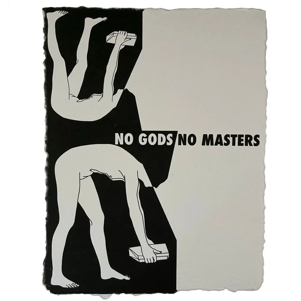 Black and white illustration of a person climbing upside down with a box in each hand, accompanied by the text "No Gods No Masters."