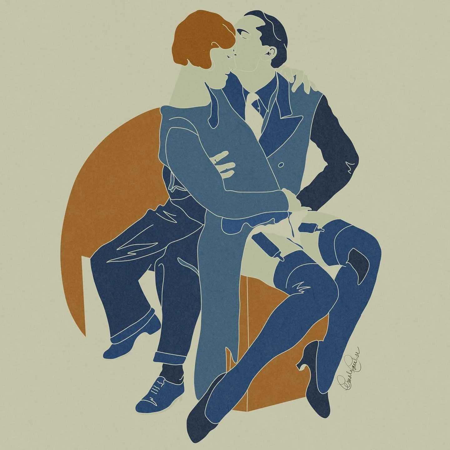 Illustration of a couple sitting together, kissing, with a brown heart shape behind them, in a simplified, modern style.