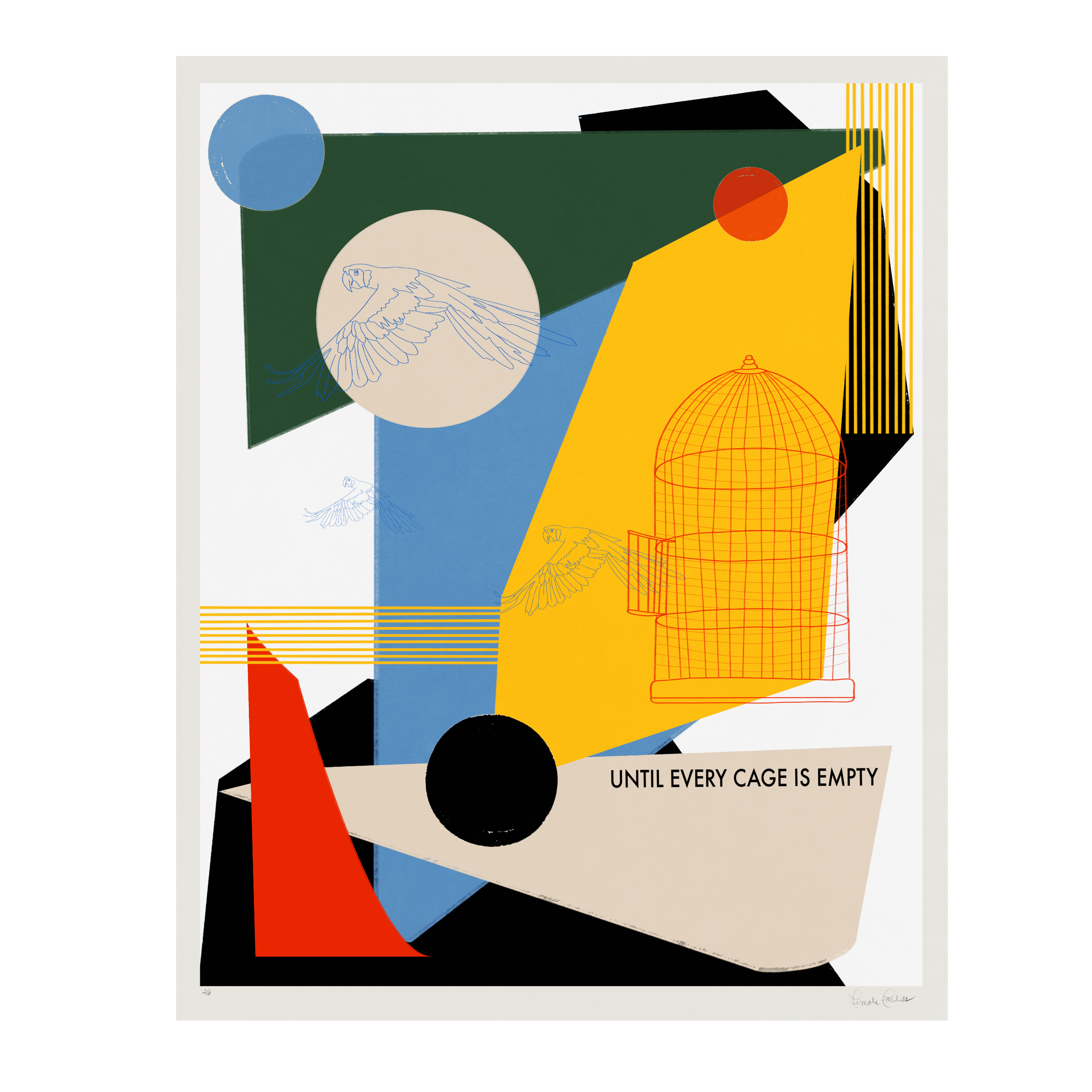 Abstract artwork featuring geometric shapes, birds, a cage, and the phrase 'Until every cage is empty' with a mix of bright and muted colors.