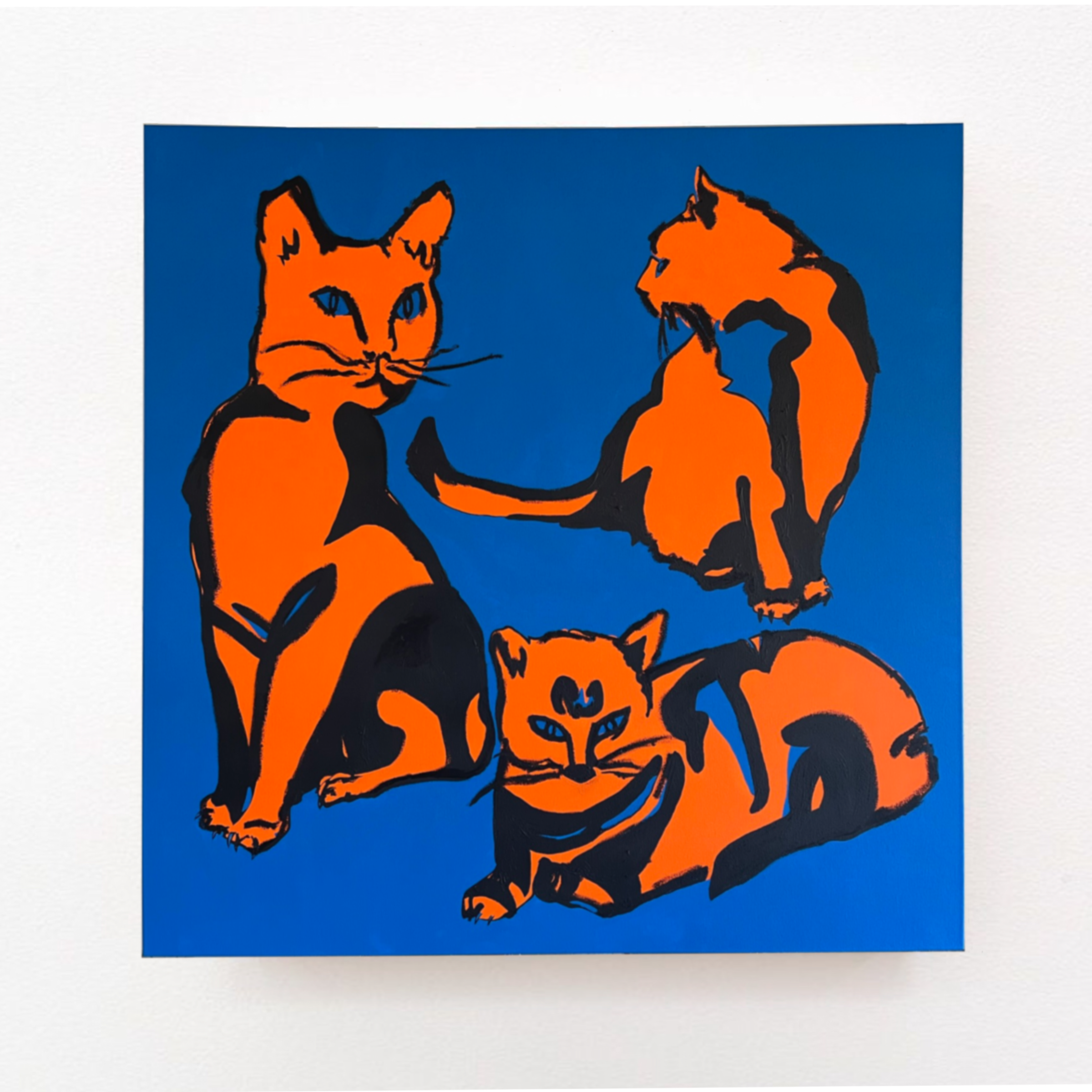 Pop art-style painting of four orange and black cats on a blue background, depicted in a stylized, abstract manner.