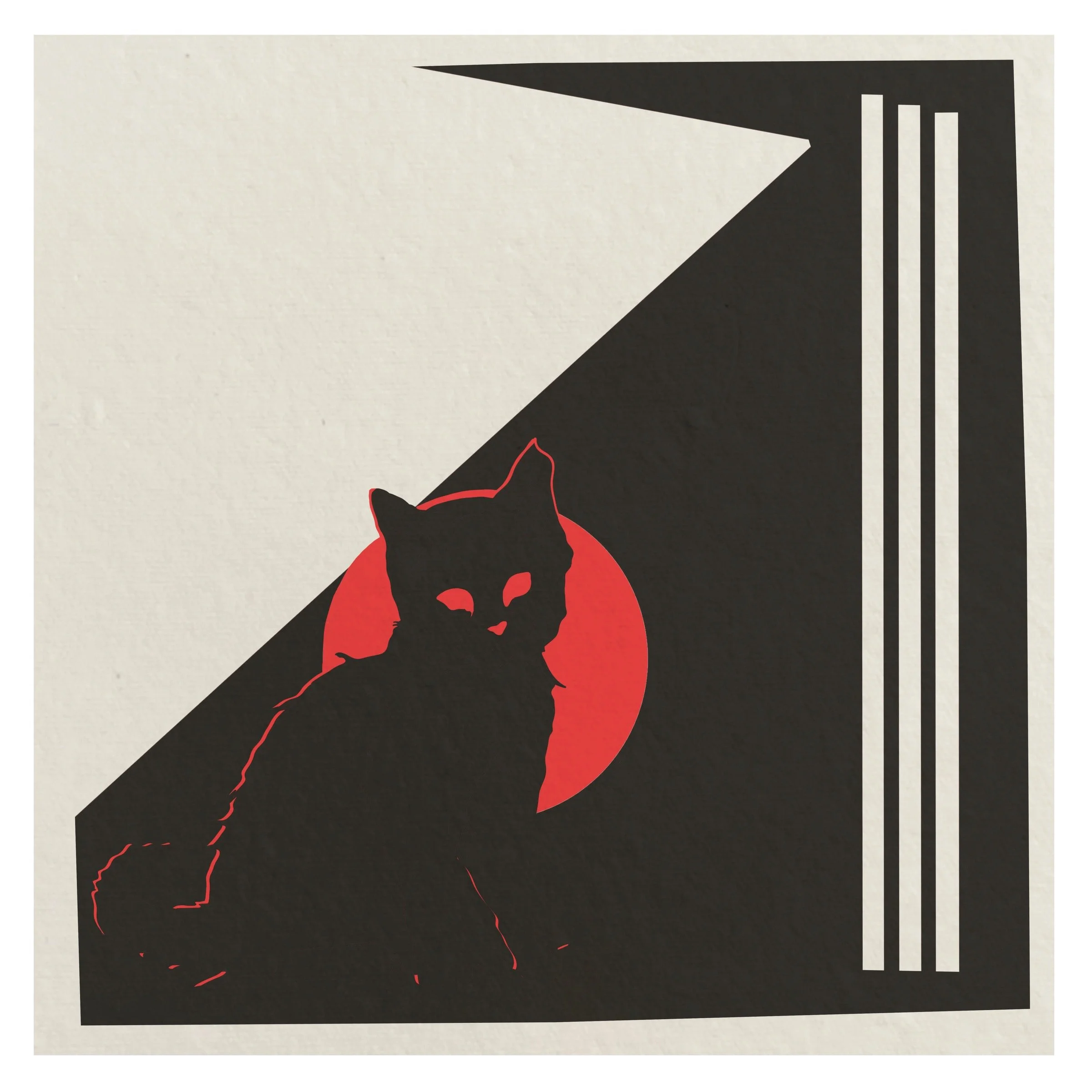 Silhouette of a sitting black cat outlined in red, with a red circle behind it, set against a geometric black and white background with a black arrow pointing upwards on the right side.