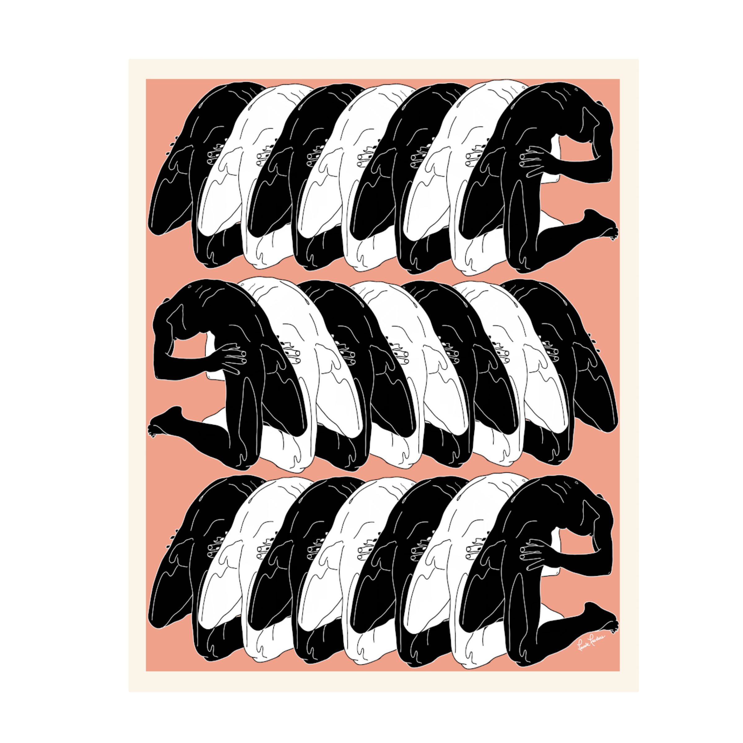 Repeating pattern of a black silhouette of a person sitting in a fetal position on a coral background.