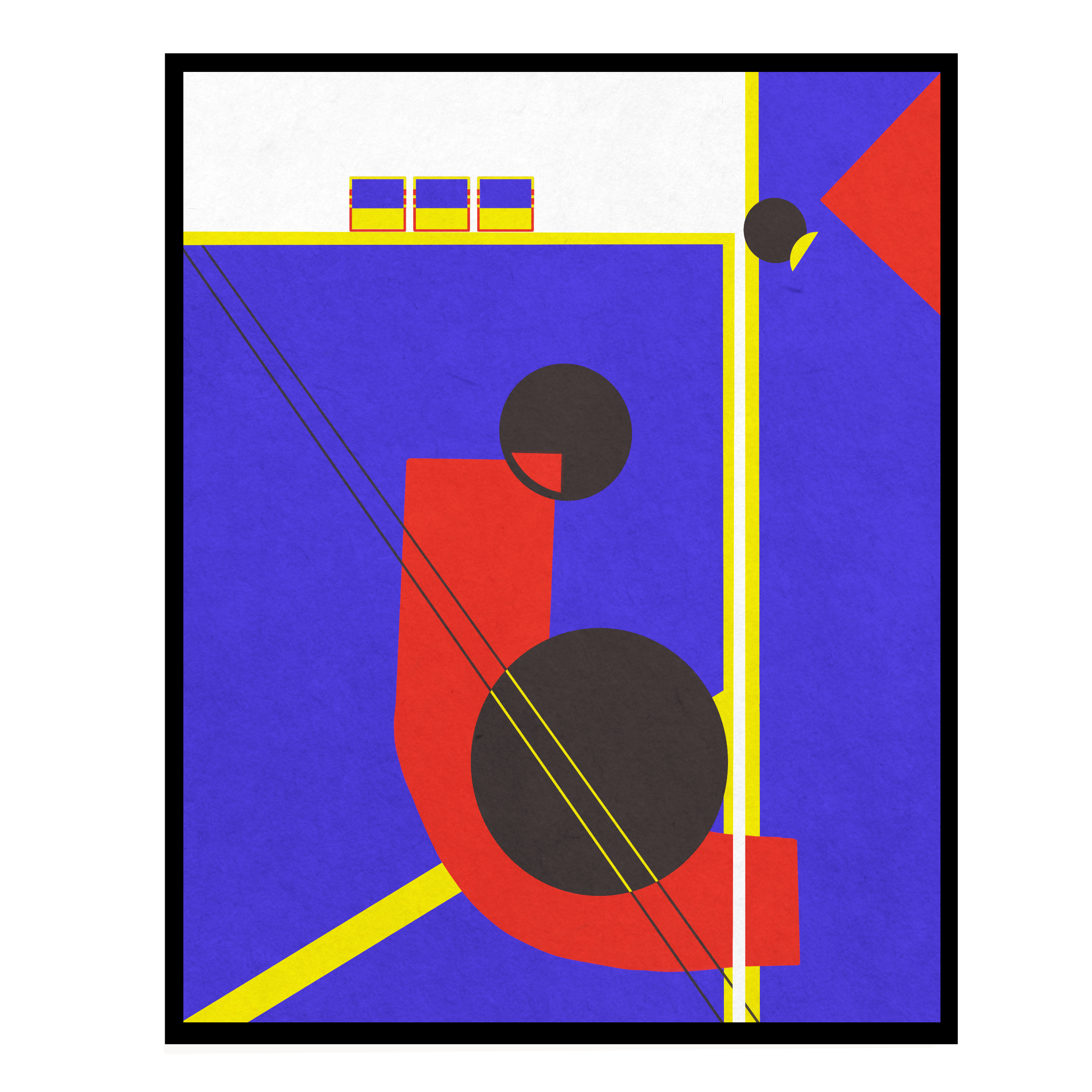 Abstract geometric artwork with blue background, red, yellow, black shapes, indicating a modern art style.