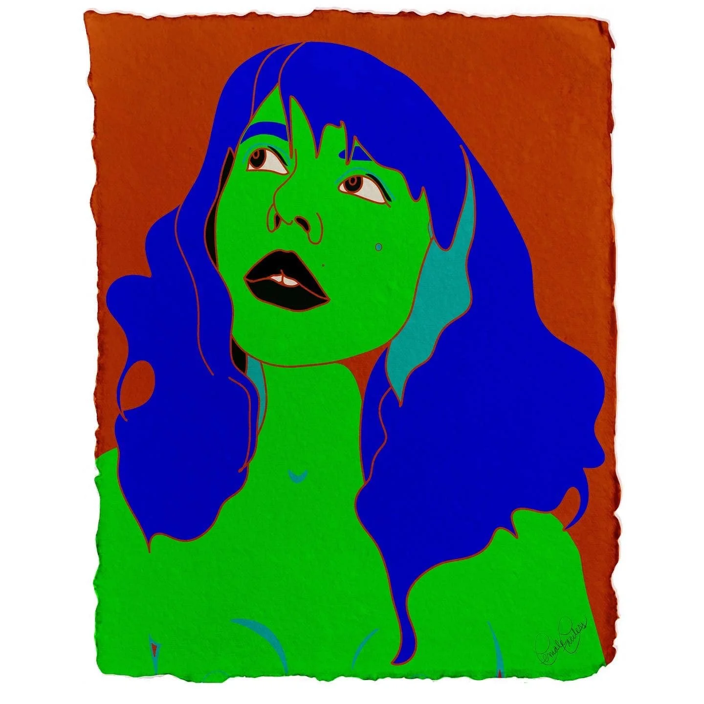 Digital illustration of a woman with green skin, blue hair, and dark lips, against a textured orange background, in a stylized art style.