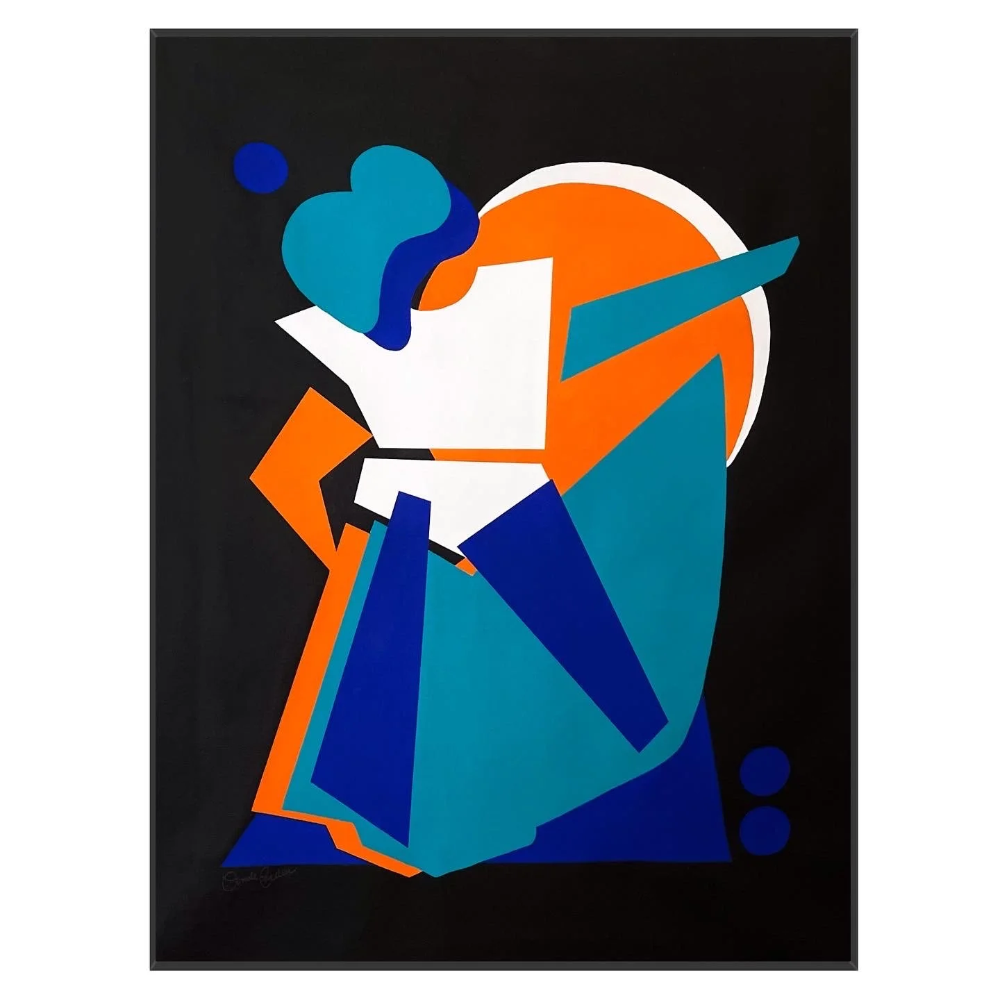 Abstract geometric artwork with colorful shapes including blue, orange, white, and black on a dark background.