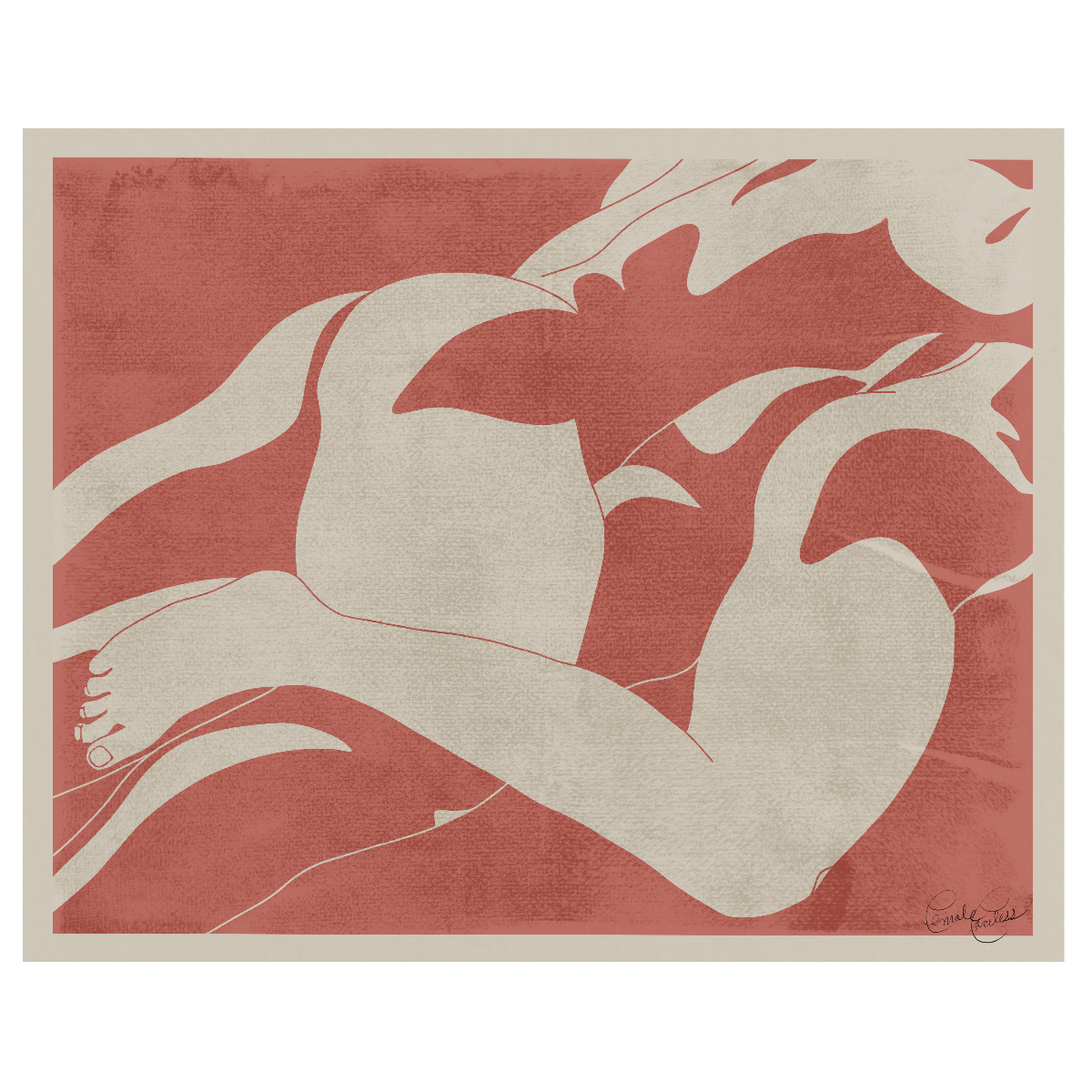 Minimalist illustration of a person lying on their side with arms crossed over their chest and facing downward, with large leafy plants around them, rendered in muted pink, beige, and red tones.