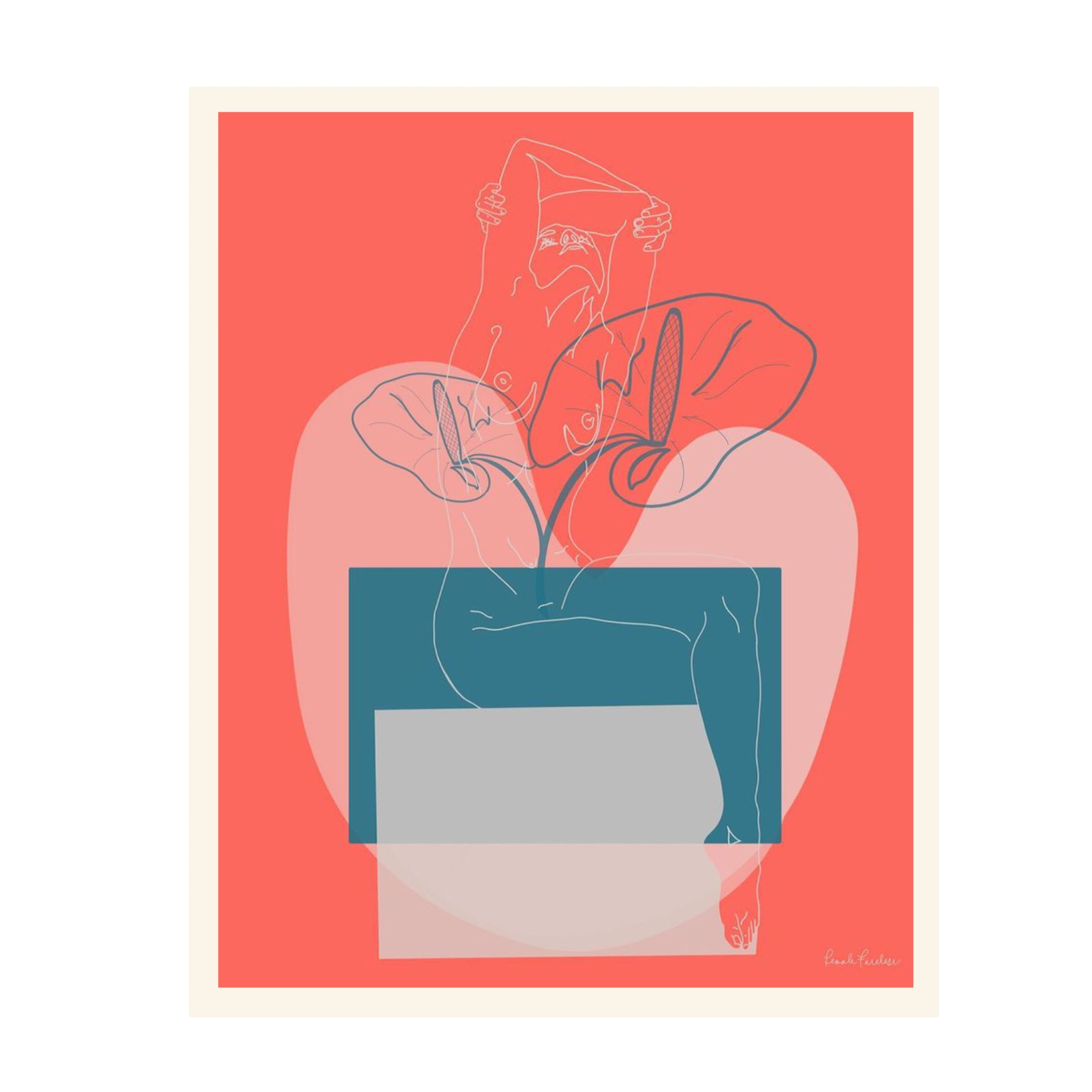 Line art illustration of a person holding a large flower, with abstract geometric shapes and a salmon pink background.