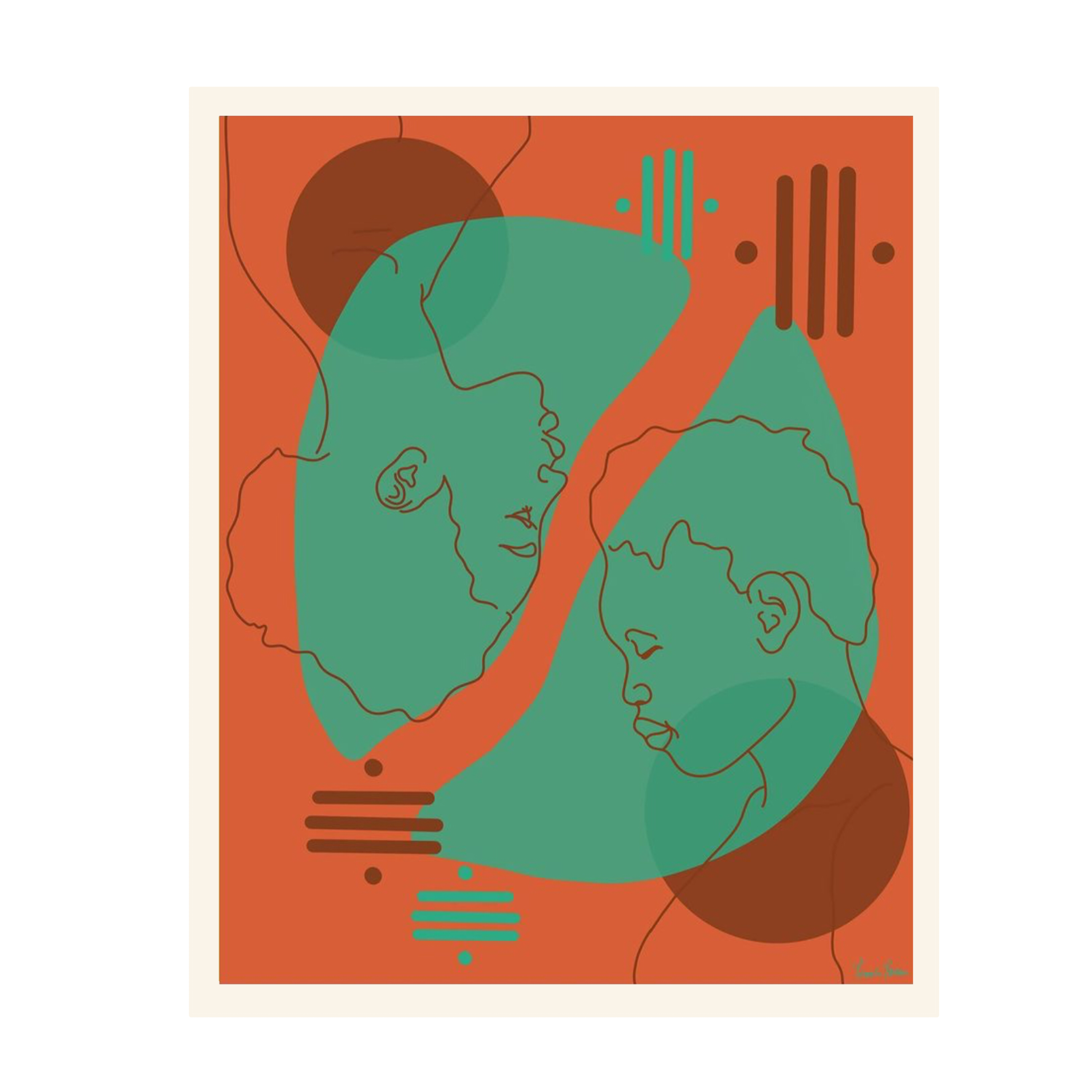 Abstract line art illustration of two faces, one male and one female, against an orange background with geometric shapes and lines.