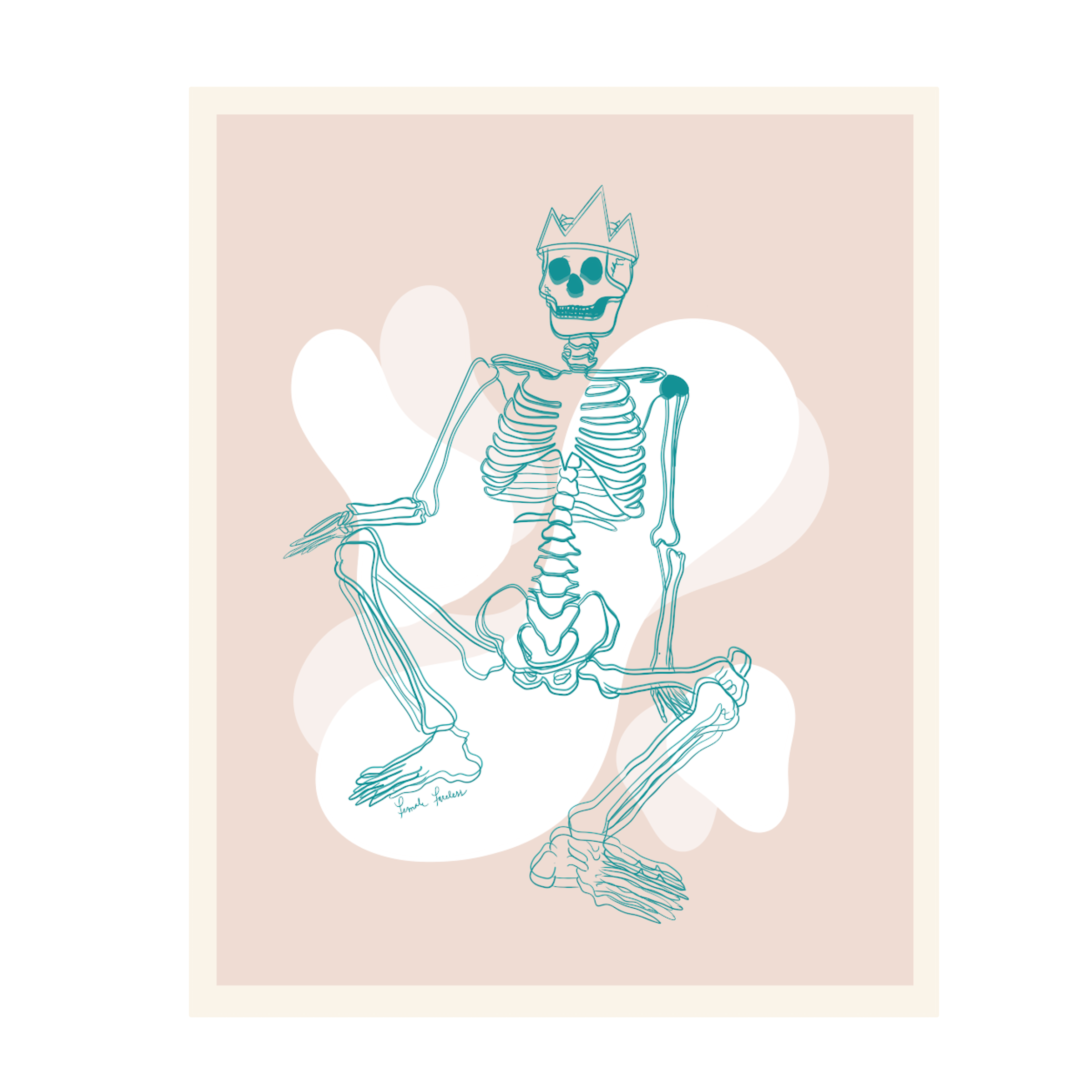 A digital illustration of a skeleton wearing a crown, sitting cross-legged with a white heart shape in the background. The illustration has a minimalist, line-drawing style with light blue lines on a beige and pink background.