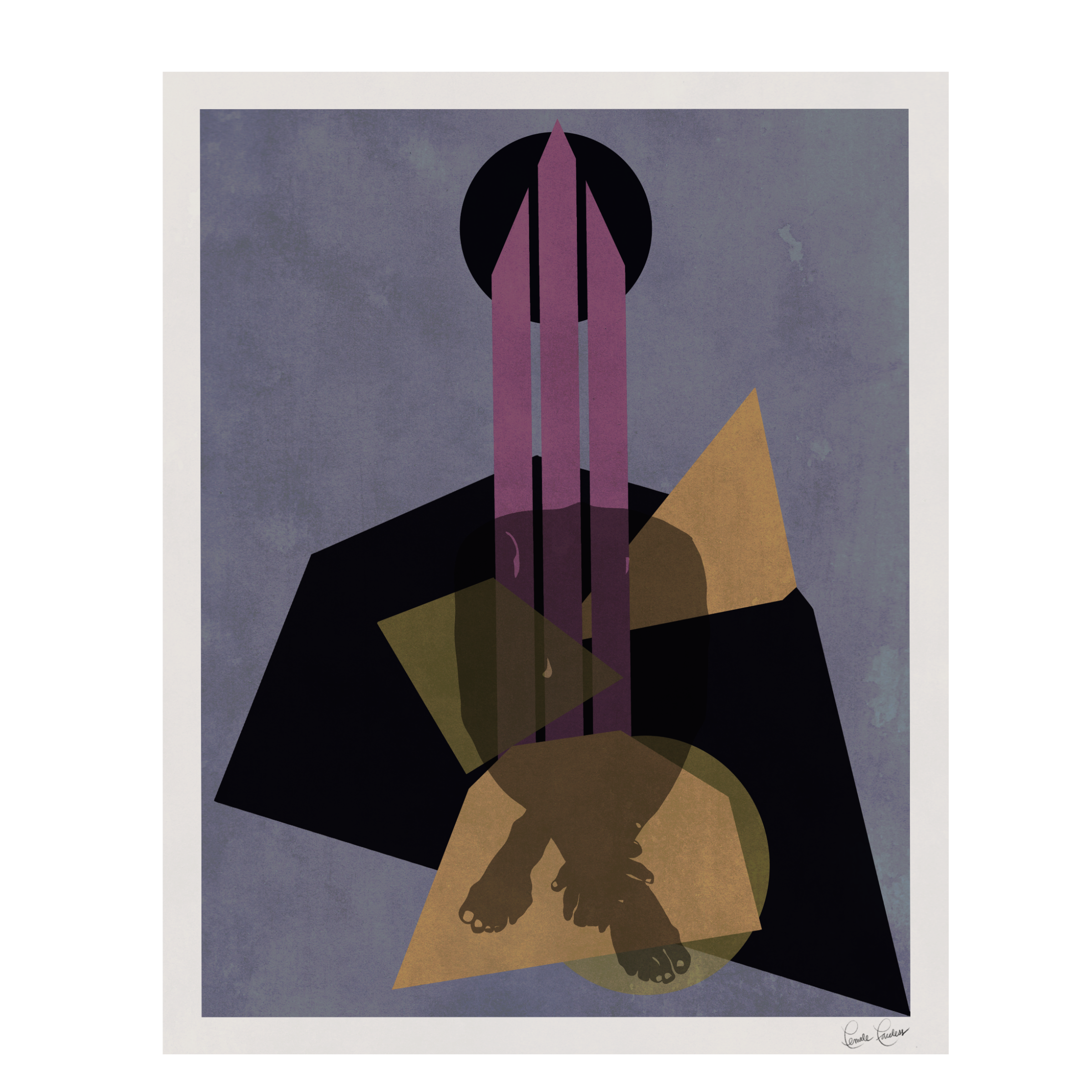 Abstract artwork featuring a figure with a dark silhouette, geometric shapes, and varied colors, including purple, black, and tan.