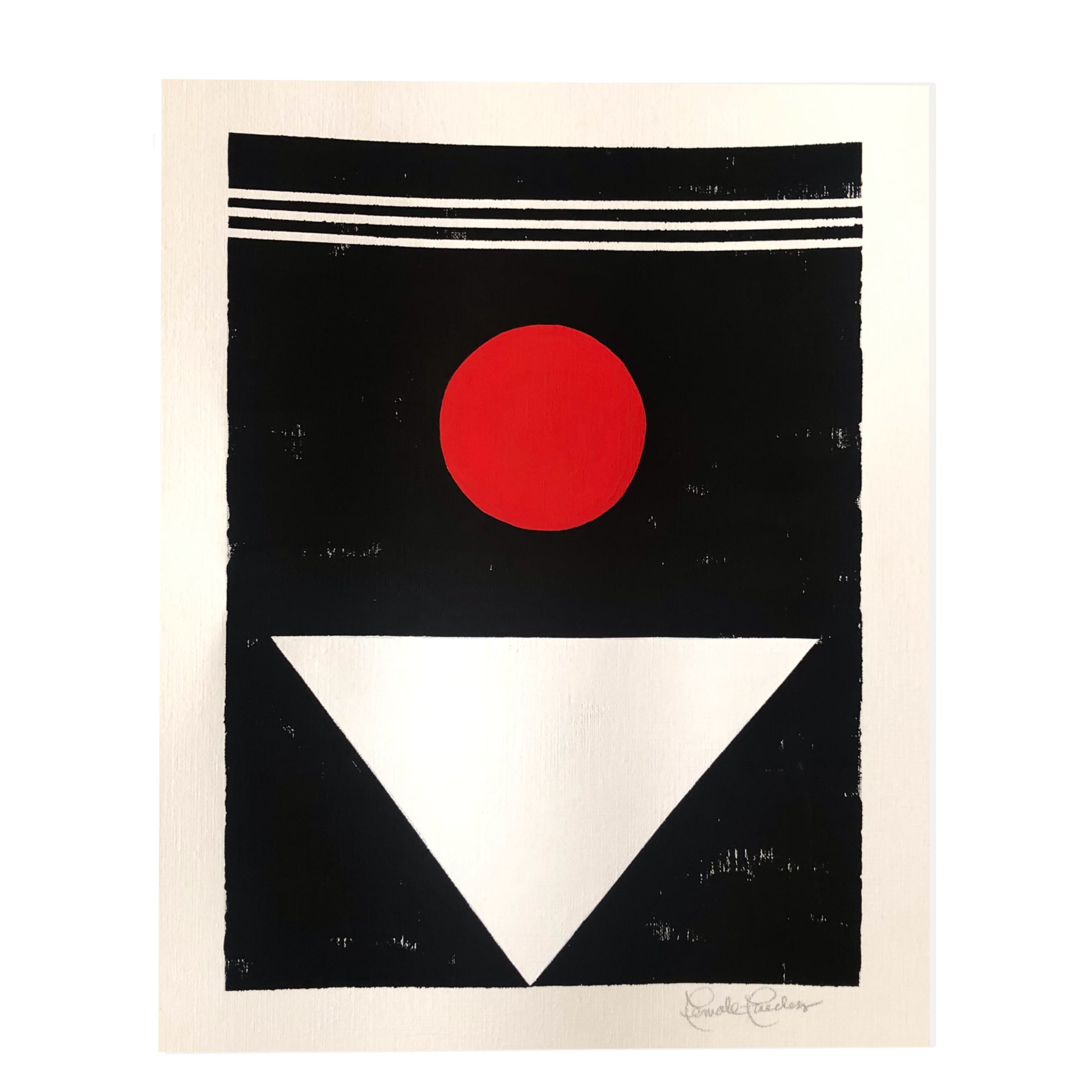 Abstract art featuring a red circle above a white inverted triangle on a black background with white lines at the top and bottom.