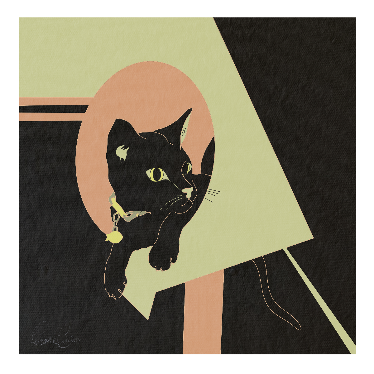 A stylized illustration of a black cat with yellow eyes sitting on a modern, abstract chair with pastel colors and geometric shapes.
