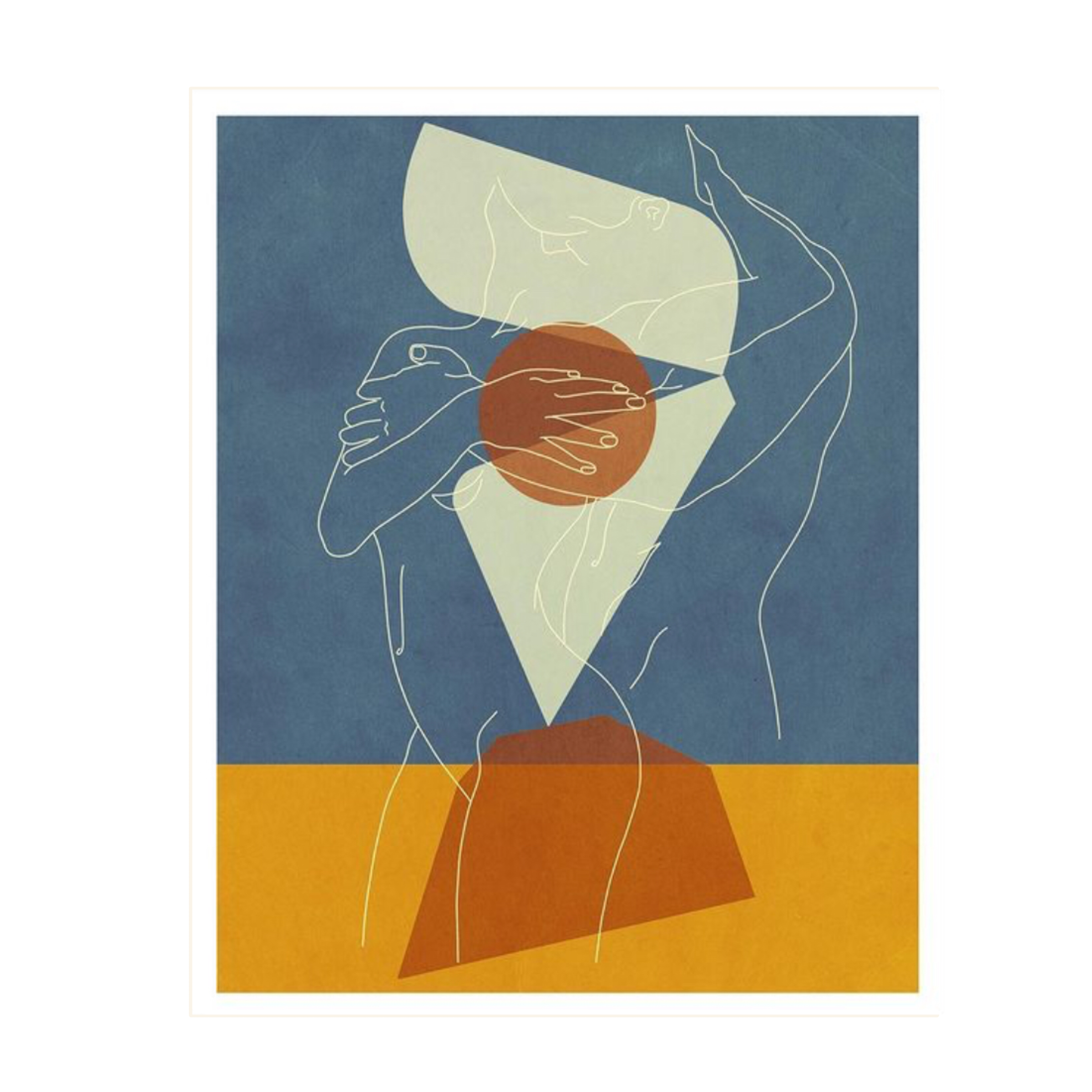 Abstract line art of a woman holding her shoulder, with geometric shapes and earthy colors background, including a red circle and contrasting orange and blue sections.