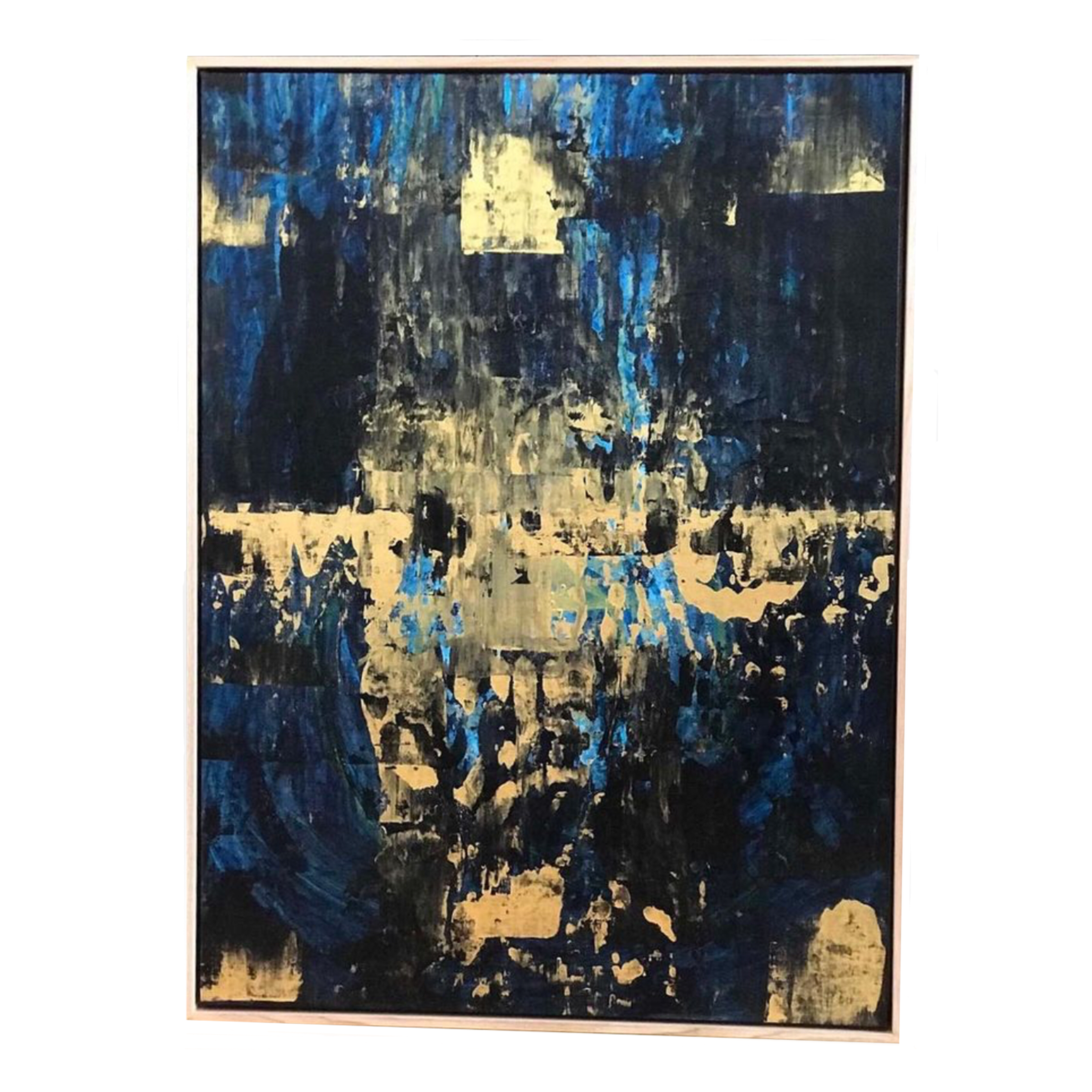 Abstract painting with blue, black, and beige colors.