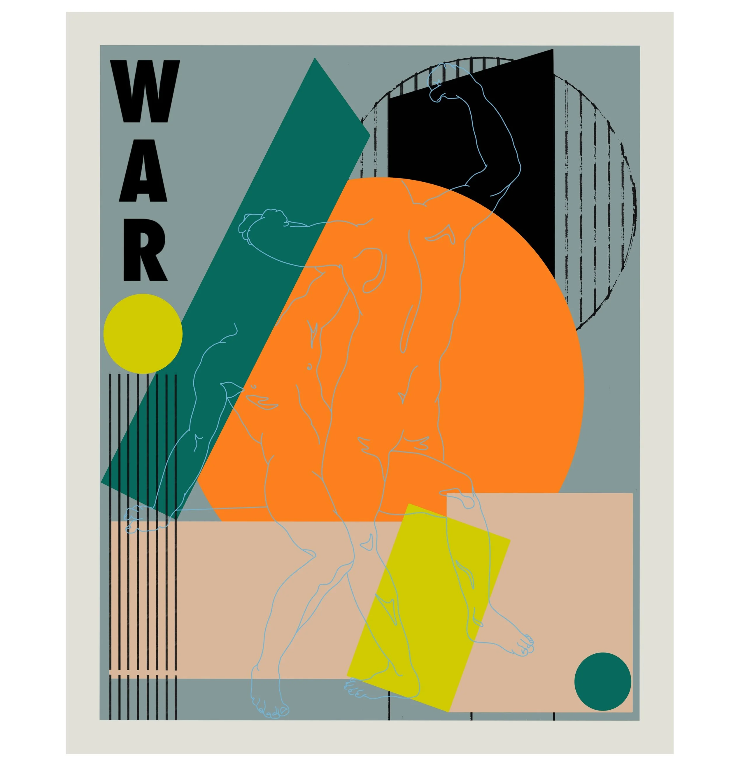 An abstract artwork combining a transparent outline drawing of a person, geometric shapes, and bold text reading 'WAR.' The composition features circles and rectangles in shades of orange, yellow, teal, black, and beige.