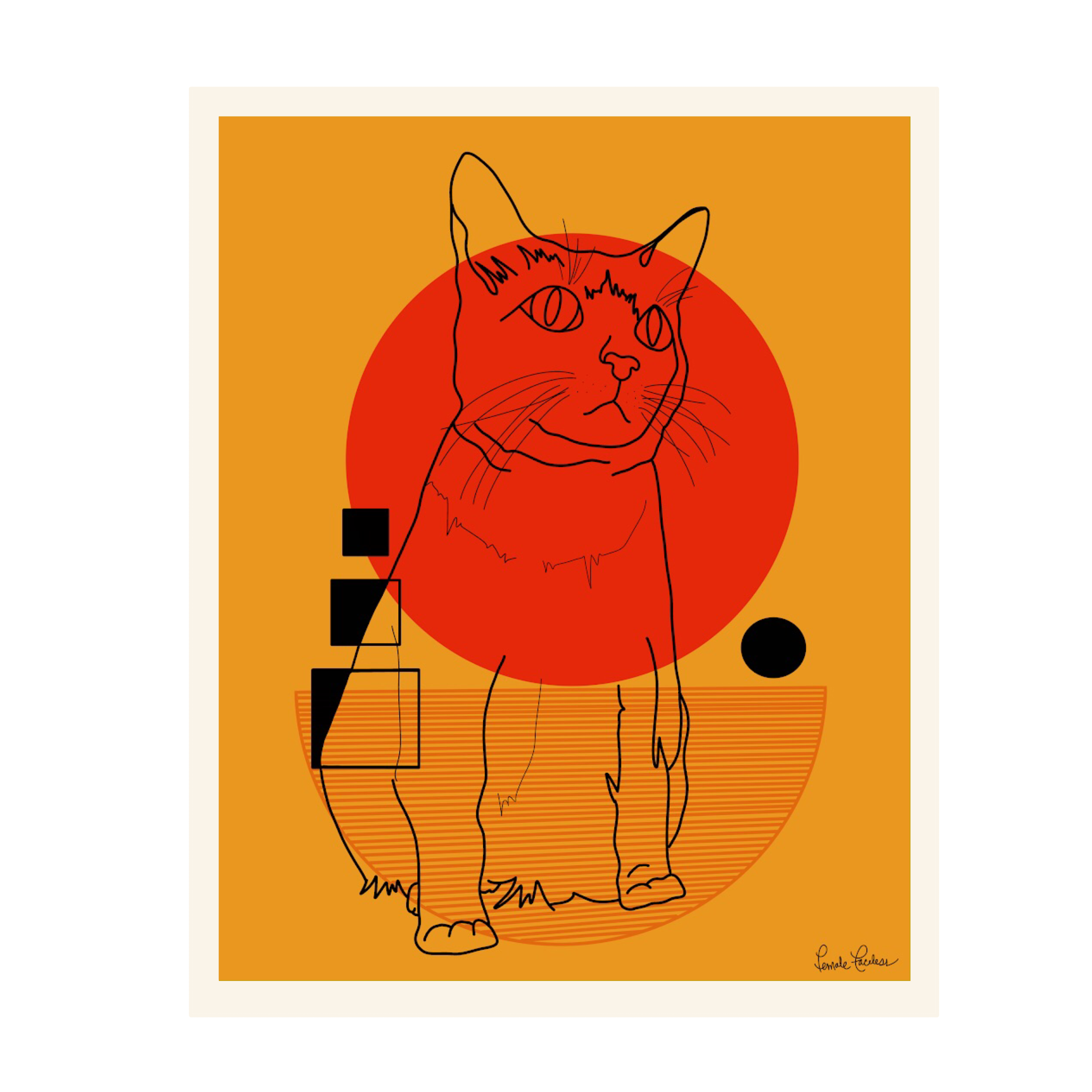 Line drawing of a cat in front of an orange background with abstract black squares, circles, and lines.