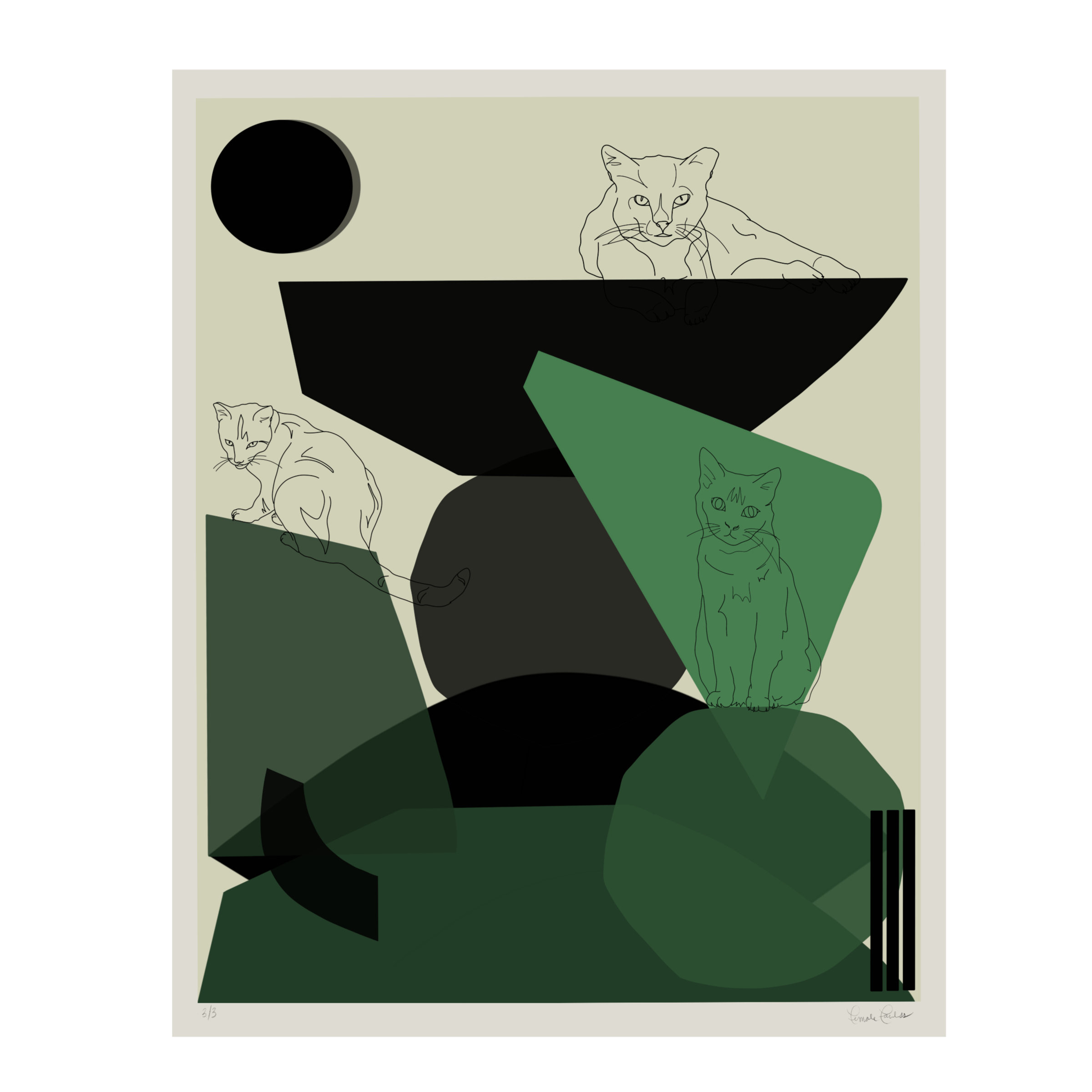 Abstract art featuring three cats in continuous line drawings over geometrical shapes in shades of black and green on a muted background.