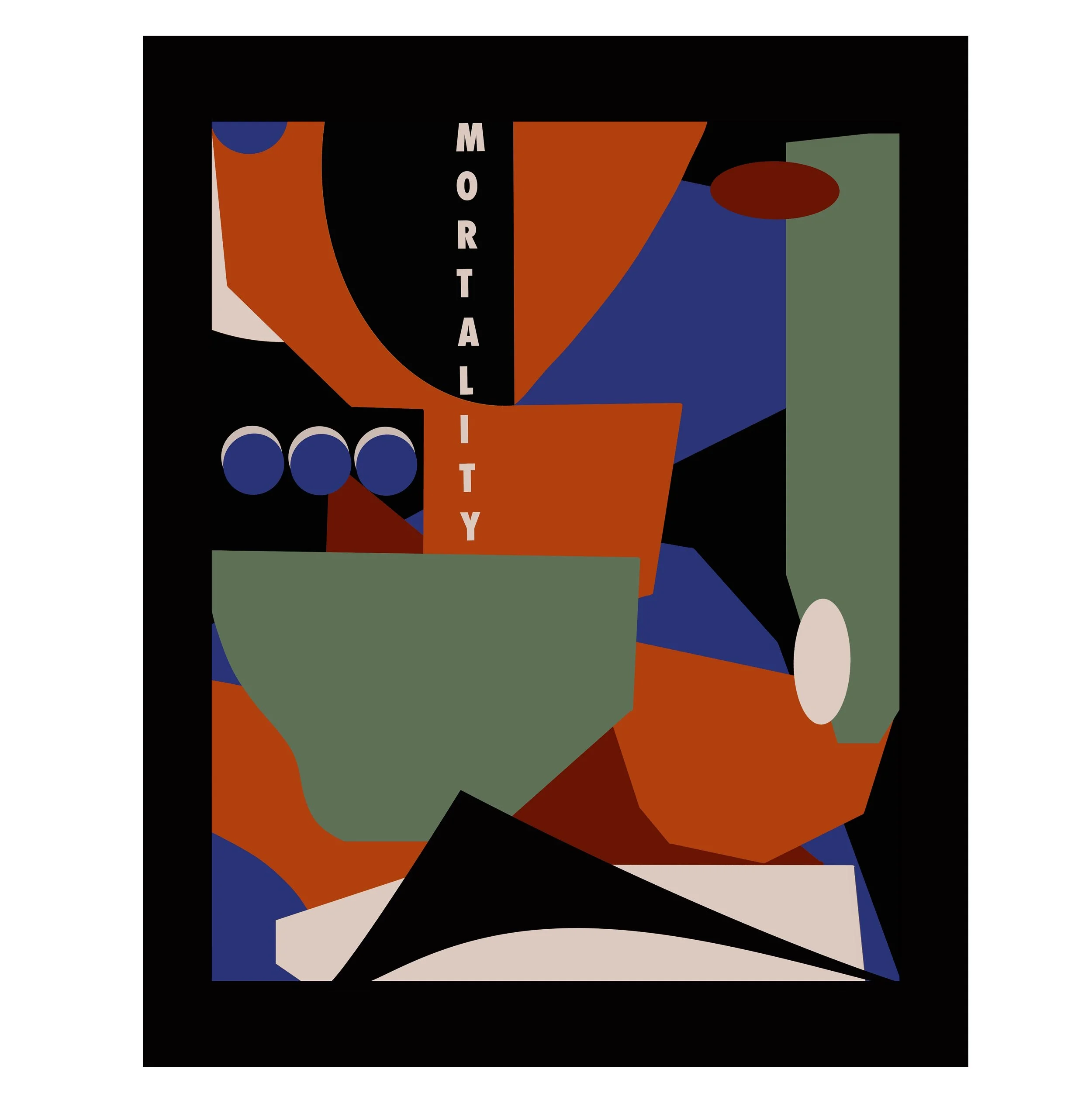 Abstract colorful composition with the words "MORTALITY" vertically aligned in the center.
