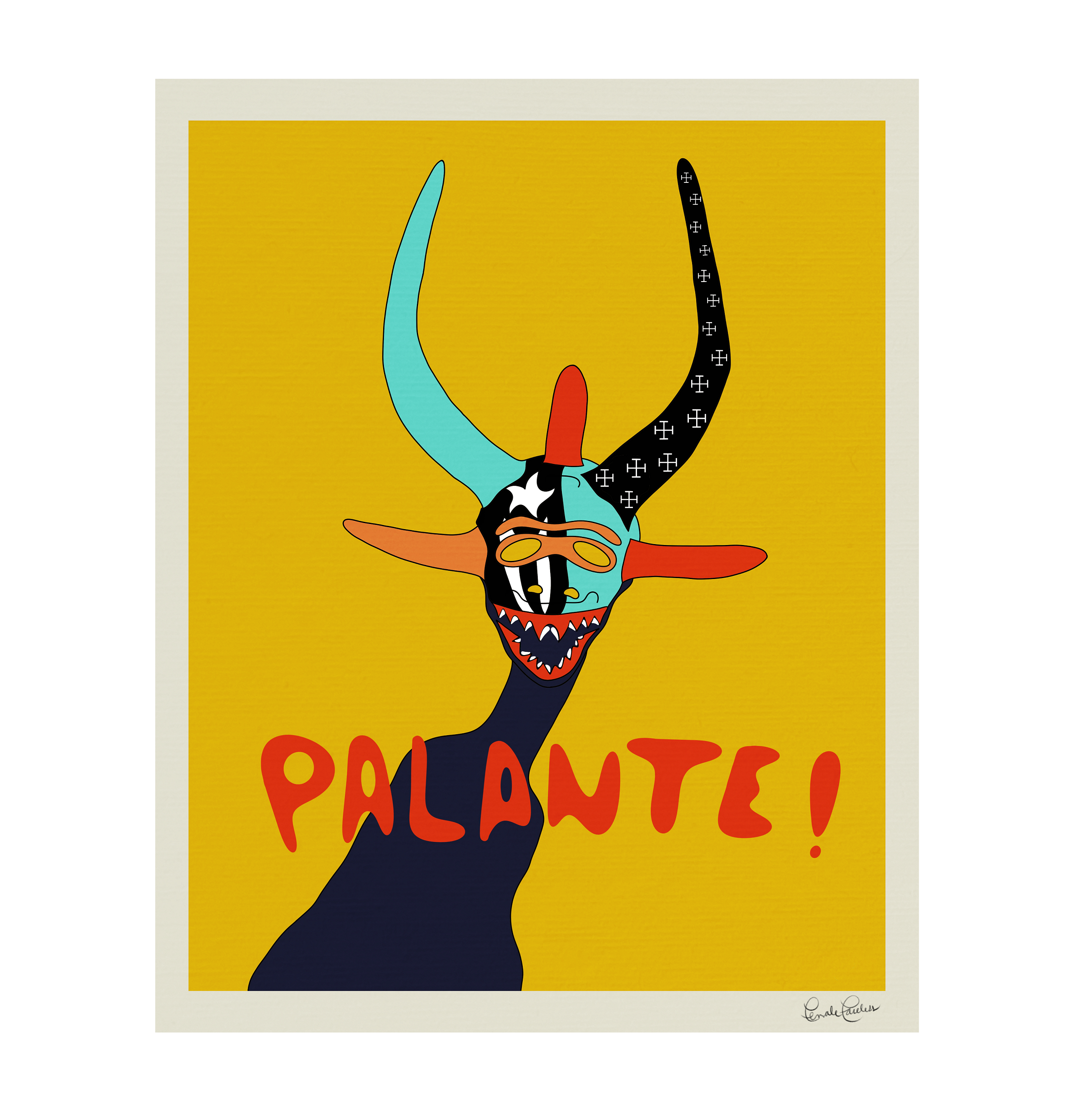 A colorful, abstract illustration of a goat with two large horns, one blue and one black with white cross patterns, orange ears, and a wide mouth with sharp teeth. The background is yellow, and the word "PALANTEI" is written in red at the bottom.